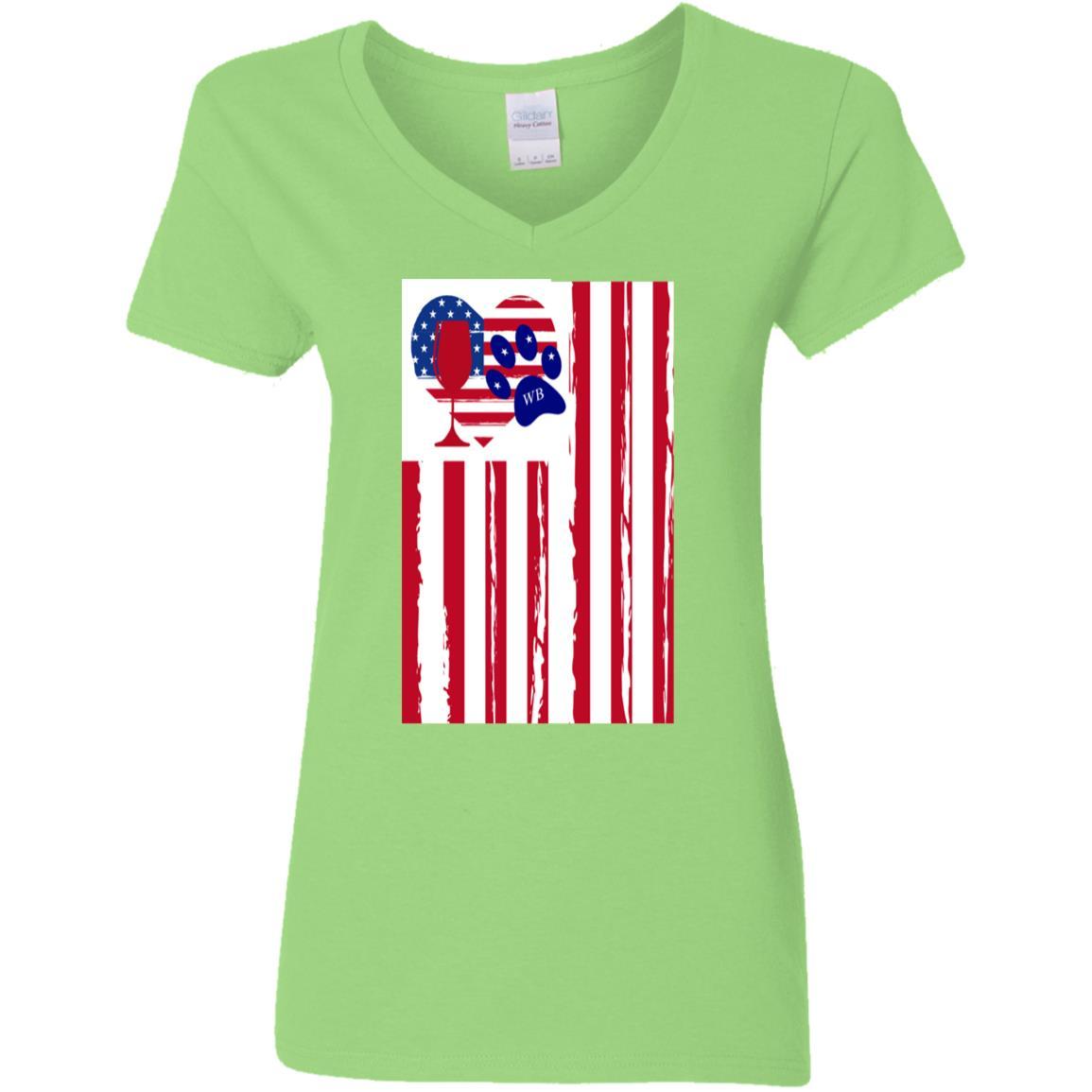 American Flag Wine Paw Heart V-Neck T-Shirt for Women - 5.3 oz Soft Cotton Ladies Tee - Perfect for 4th of July, Patriotic Events & Wine Lovers