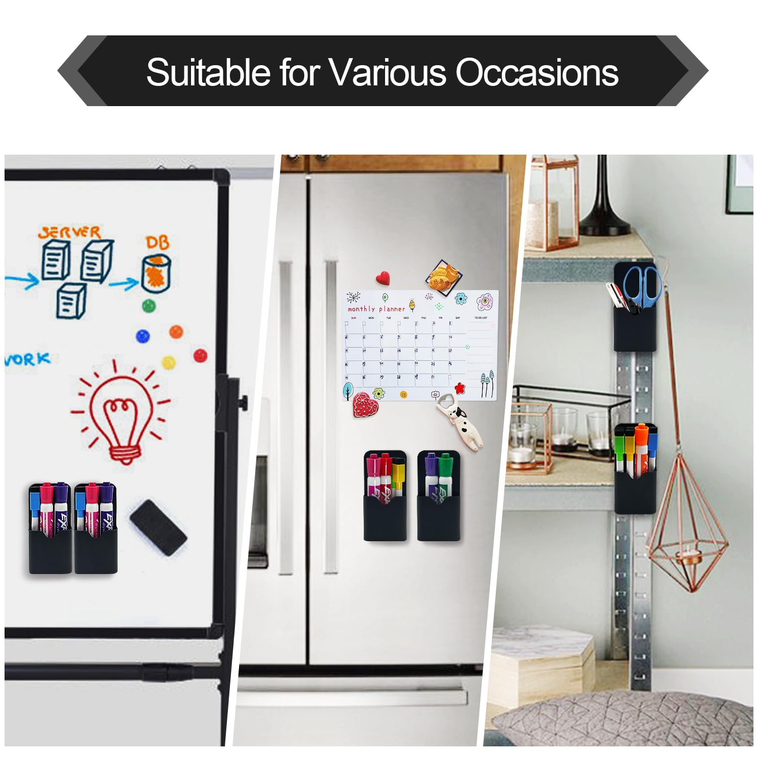 2 Pack Magnetic Pen Holder for Fridge & Whiteboard - Strong Dry Erase Marker Organizer for School, Office, Home - Perfect for Kitchen, Workshop & Classroom Organization (Black)