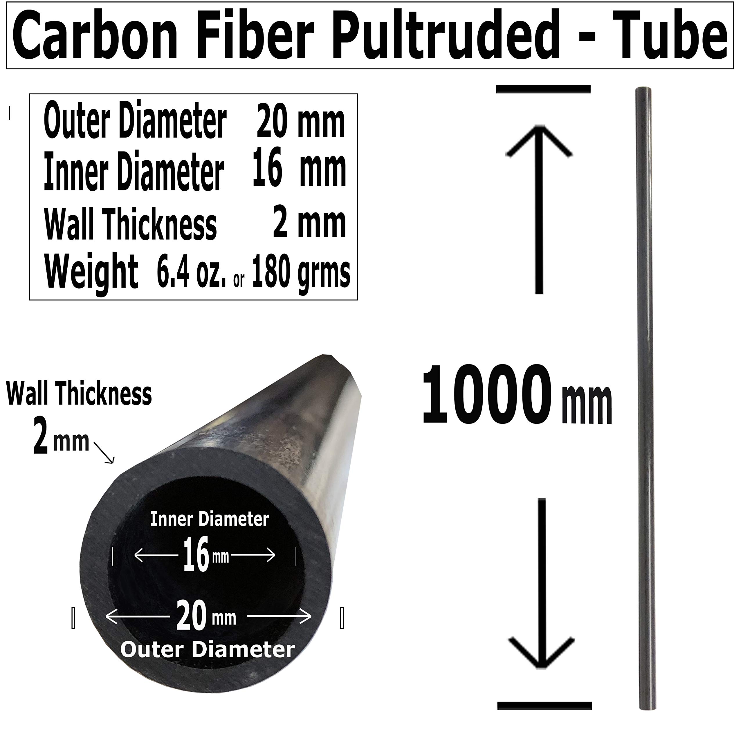 High-Strength 20mm x 16mm x 1000mm Carbon Fiber Tube - Pultruded Round Hollow Rod with Black Matte Finish - Lightweight Carbon Fibre Shaft for RC Drones, Model Airplanes, Boat Building & DIY Craft Projects - Perfect for Structural Support, Frame Reinforcement and Custom Fabrications