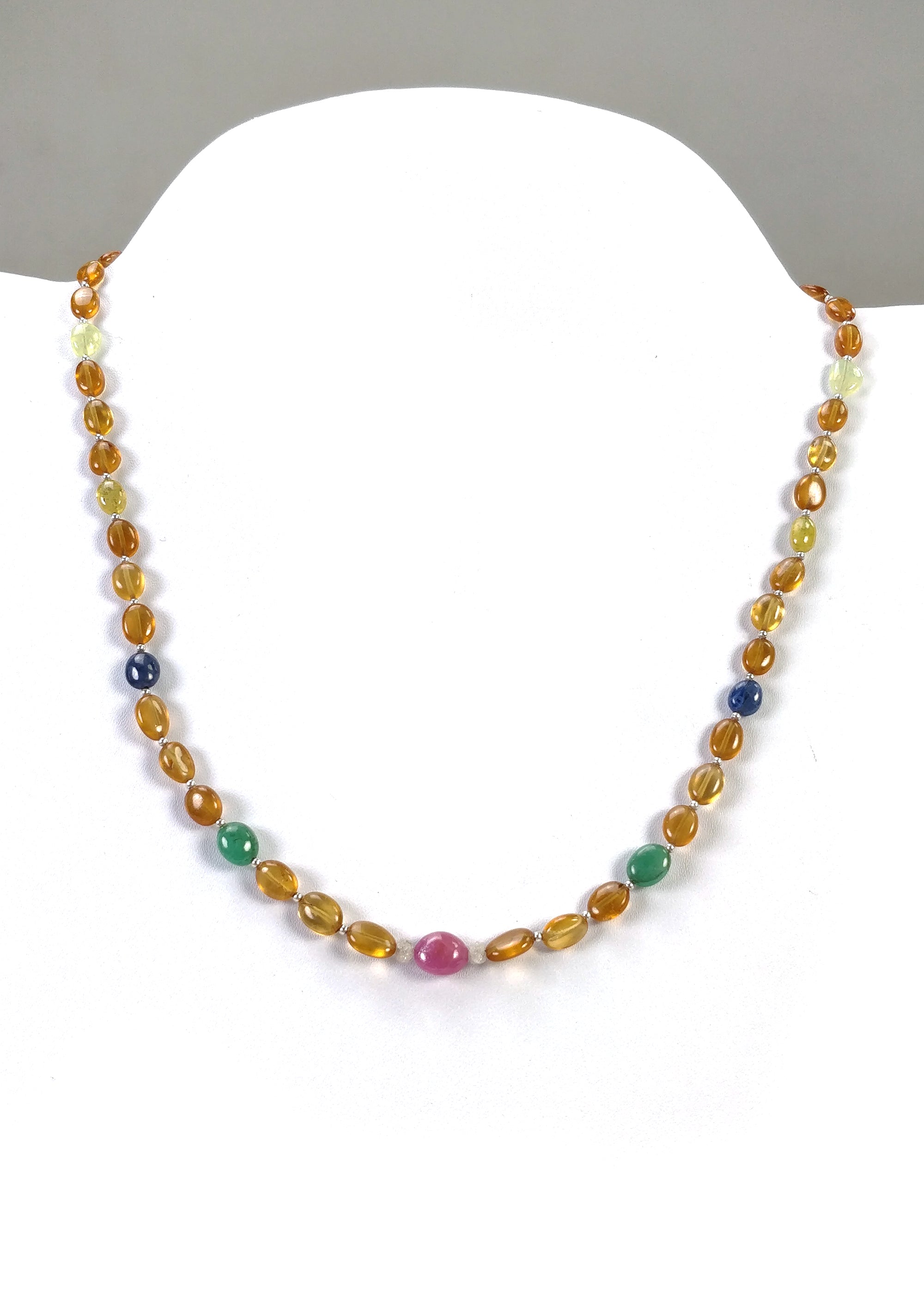 Natural Hessonite Garnet Blue Yellow Sapphire Coral Diamond Emerald Cat's Eye Ruby Pearl Navratan Necklace - 16.53gms, 9x7mm, 18K Gold | Spiritual Jewelry for Meditation, Wedding & Special Occasions
