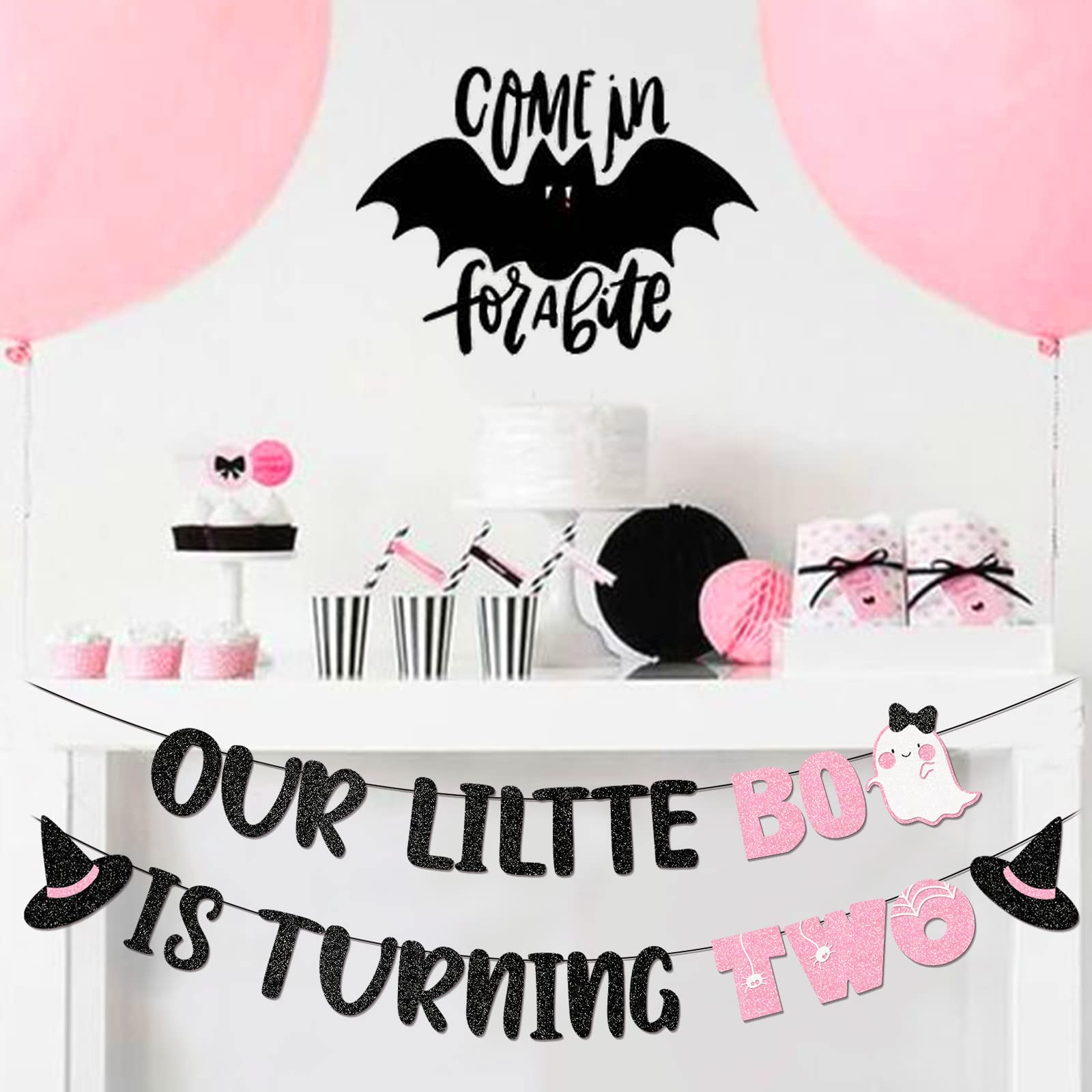 Pink 'Our Little Boo is Turning Two' Halloween Birthday Banner - Cute 2nd Birthday Party Decorations for Girls | Perfect for Halloween Themed Birthday Parties, Baby Showers & Nursery Decor