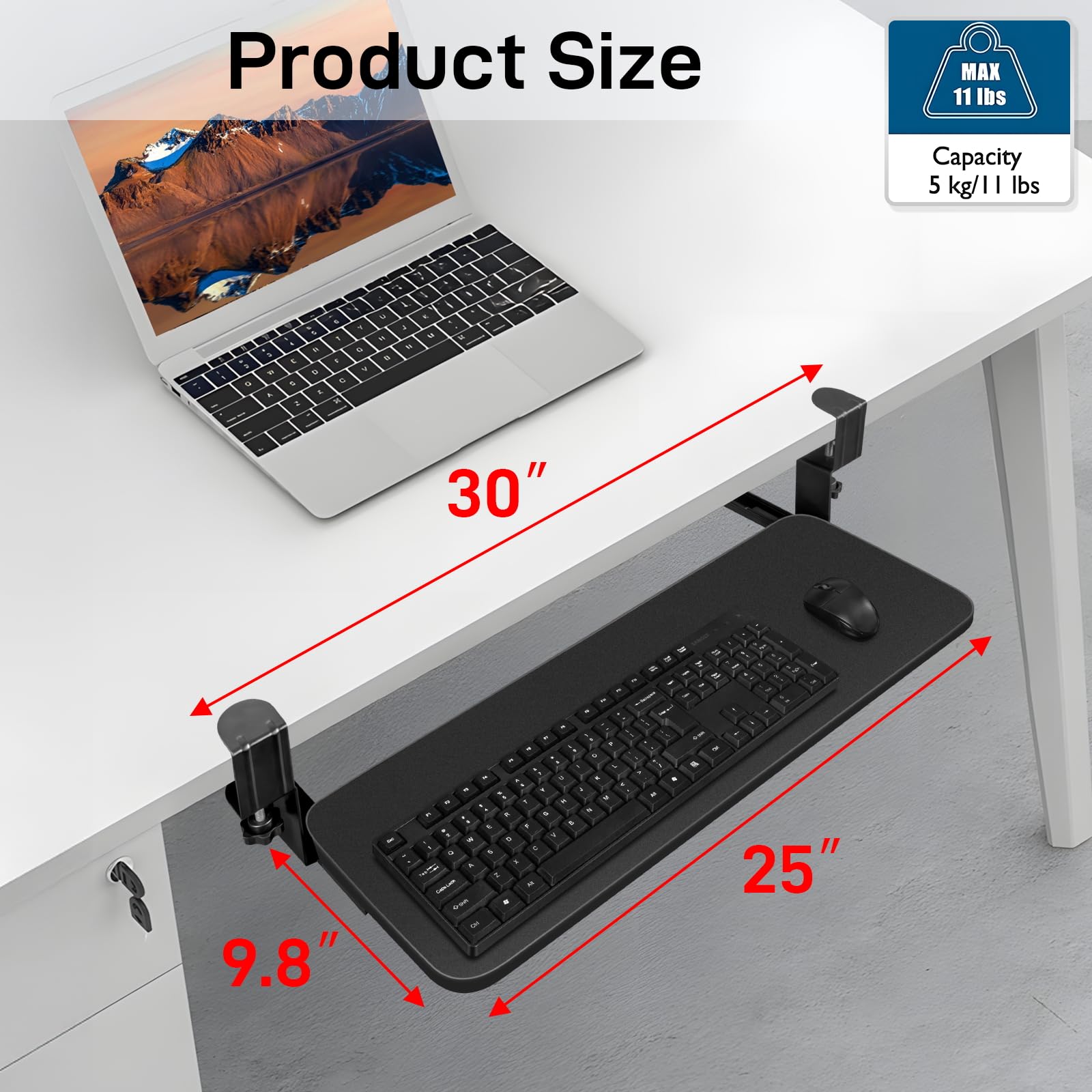 Under Desk Keyboard Tray Slide - Heavy Duty C Clamp Mount Pull Out Keyboard Stand for Computer (30x11 Inch) - Ergonomic Office Desk Accessory & Space Saving Desk Extender - Perfect for Home Office, Gaming Setup & Workspace Organization