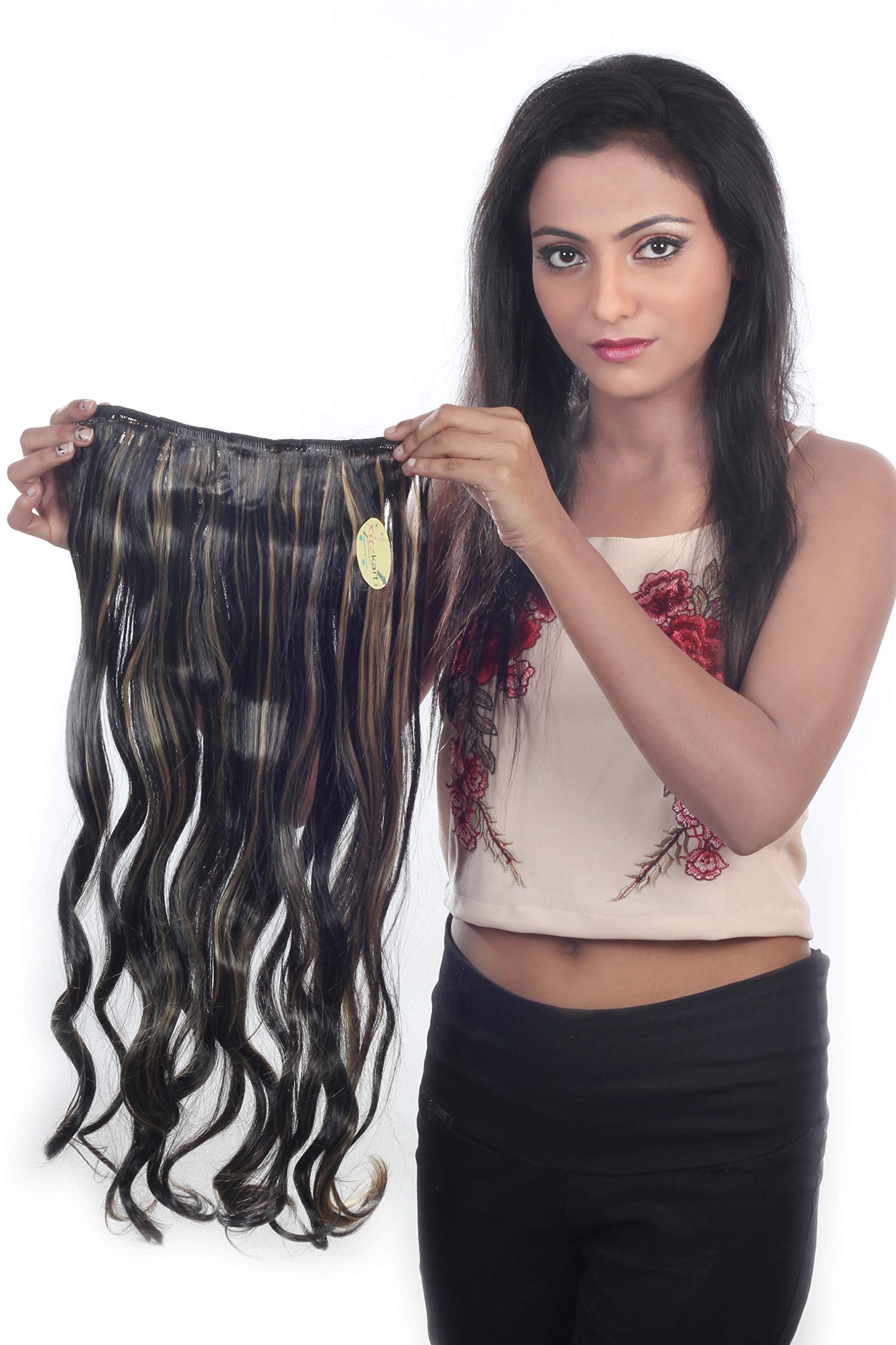 Ritzkart 25 Inch Synthetic Hair Extensions - Natural Black with Golden Highlights, Long Curly Hair Weave for Women | Perfect for Parties, Weddings & Daily Styling