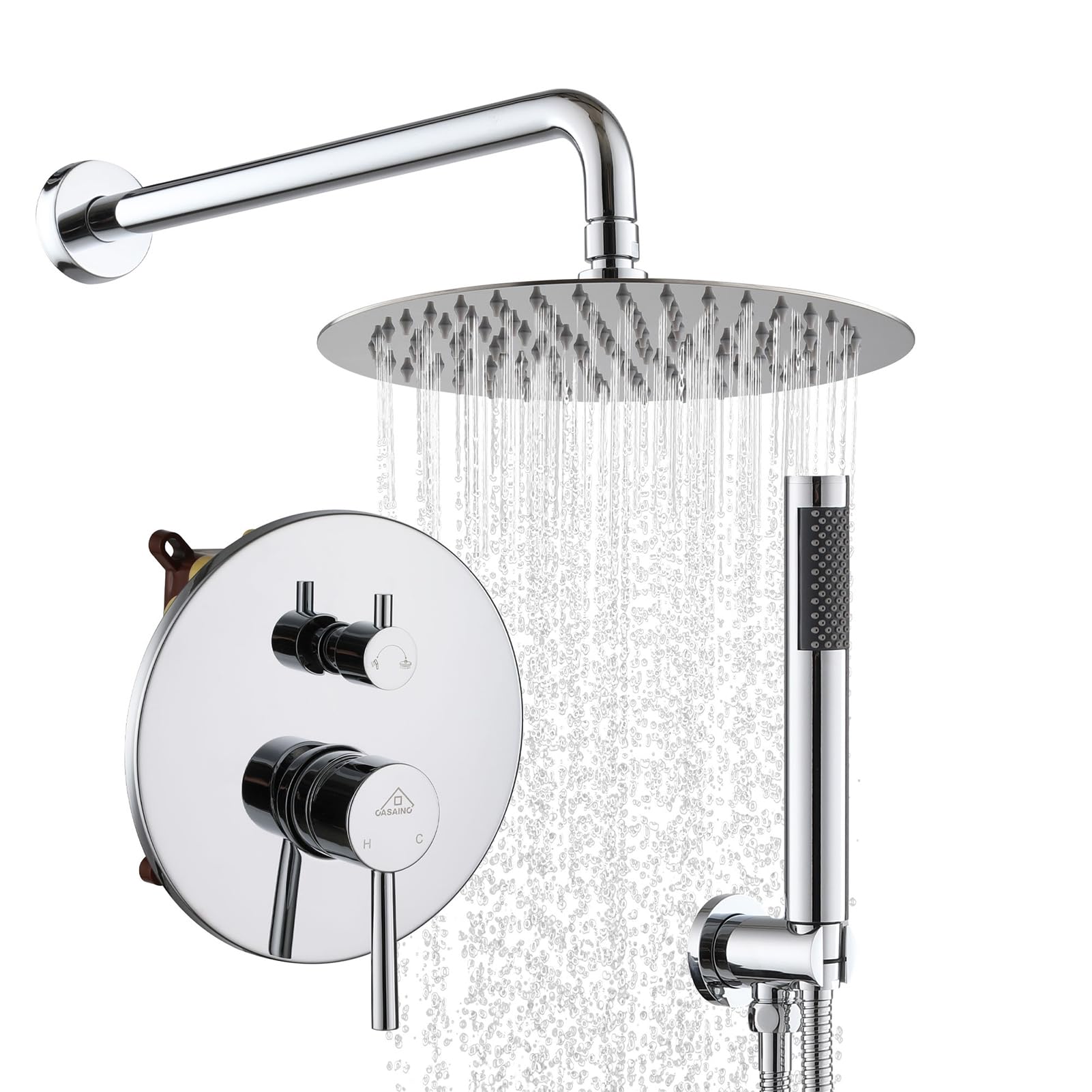 CASAINC 10 Inch Round 2-Function Shower Valve and Trim Kit with Rain Shower Head & Handheld Spray - Wall Mounted Chrome Shower System for Bathroom Renovation and Spa-Like Experience