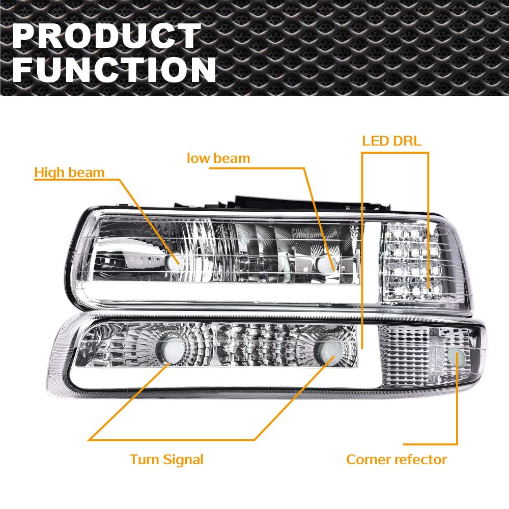 High-Performance LED Headlight Assembly for 1999-2002 Chevy Silverado & 2000-2006 Suburban/Tahoe - Clear Lens, Chrome Housing, Clear Reflector - Left & Right Pair - Perfect for Night Driving & Off-Road Adventures
