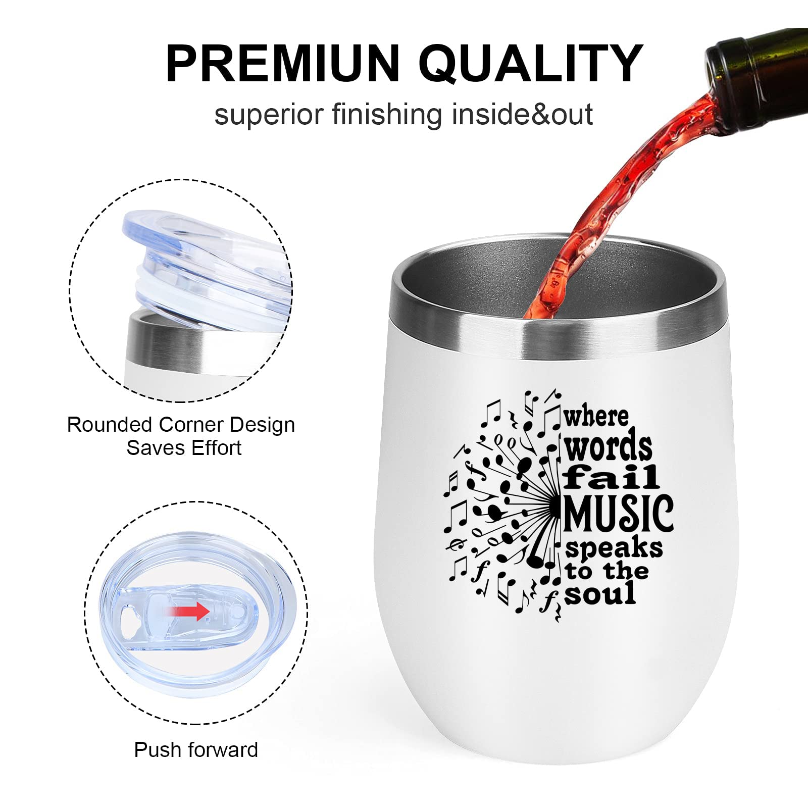 **Personalized Music Teacher Gift - 12oz Stainless Steel Wine Tumbler with Lid - Unique Appreciation Present for Music Lovers, Students, Men & Women - Perfect for Concerts, Rehearsals & Music Classes**