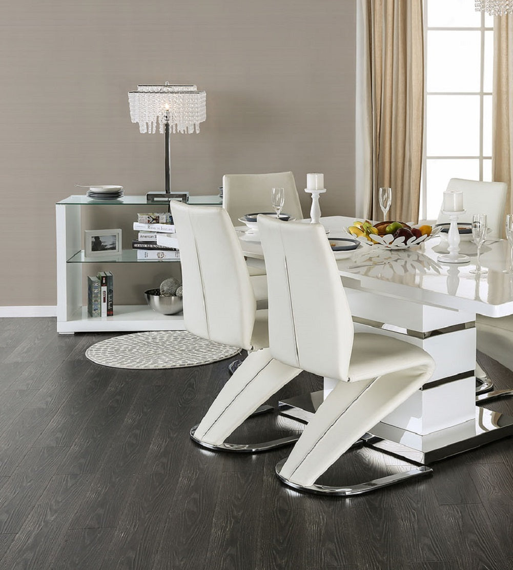 Modern Z-Shaped Chair Base - 2 Pack White Leatherette Dining Chairs with Chrome Finish | Contemporary Side Chairs for Dining Room, Kitchen, or Office Seating