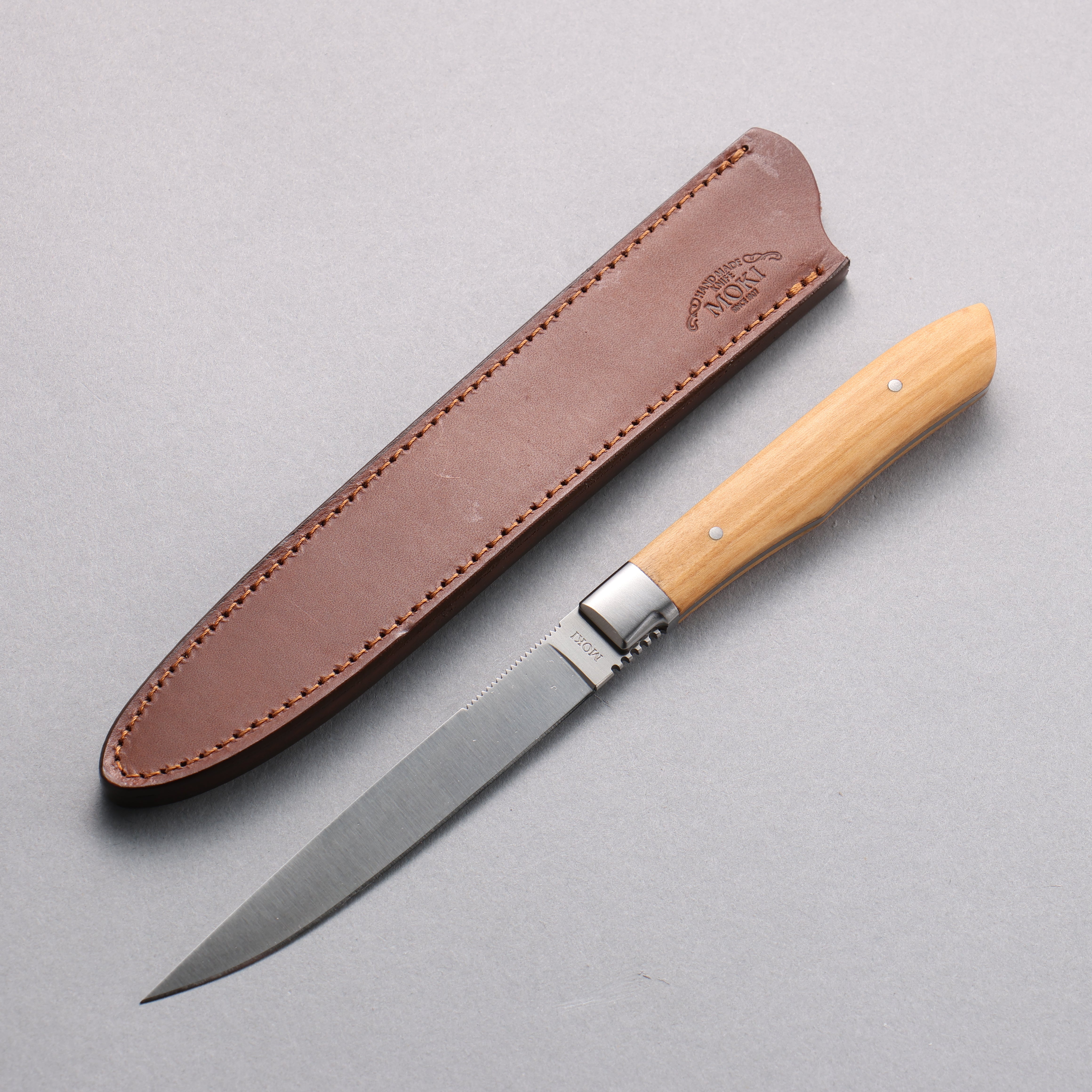 Premium Moki AUS8 Stainless Steel Steak Knife - 75mm Olive Wood Handle with Leather Sheath - Perfect for BBQ, Camping & Outdoor Cooking