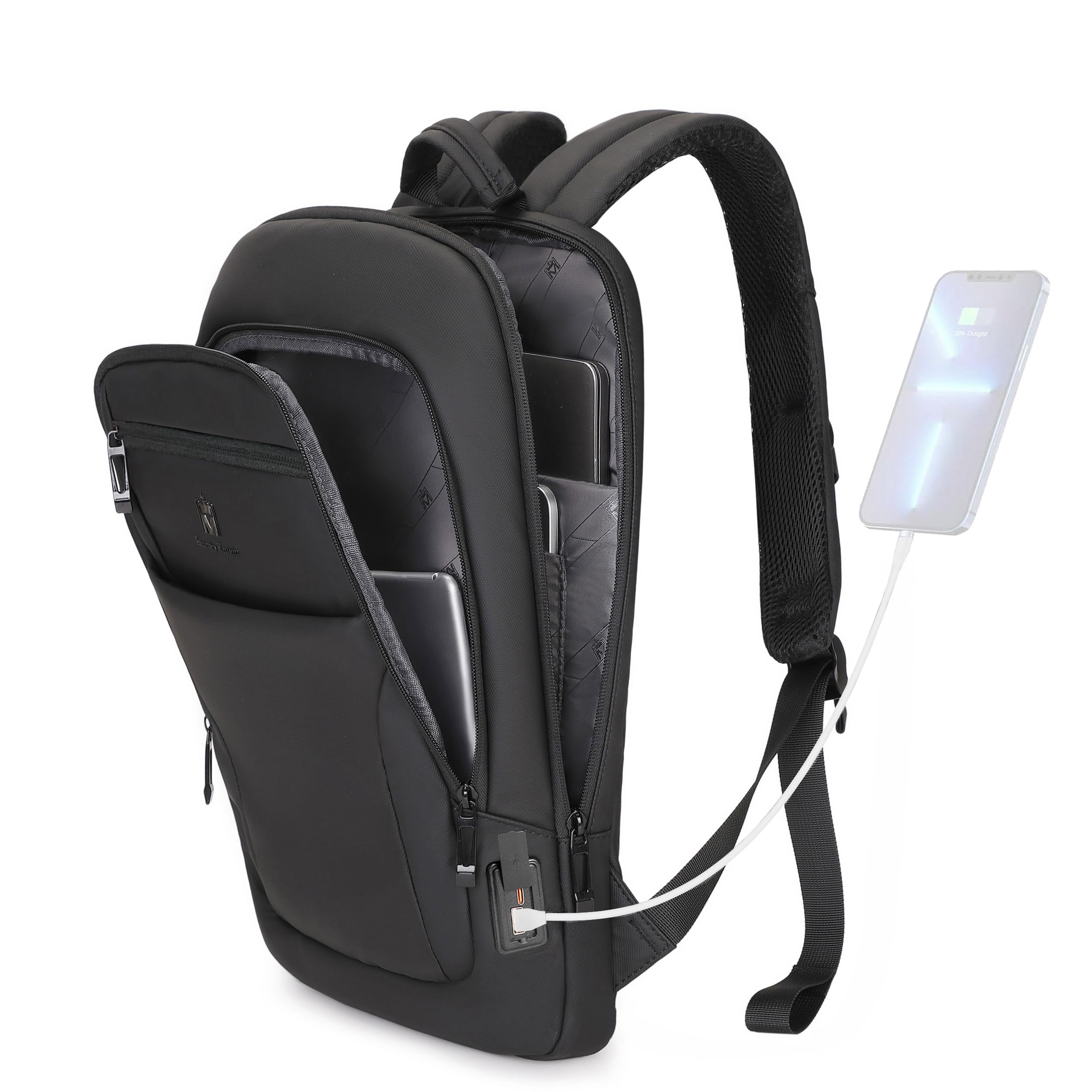 Caoroky Knight Men's 15.6 Inch Slim Laptop Backpack with USB Charging Port - Waterproof Anti-Theft Business Travel Backpack for Work, College & Commuting - Black