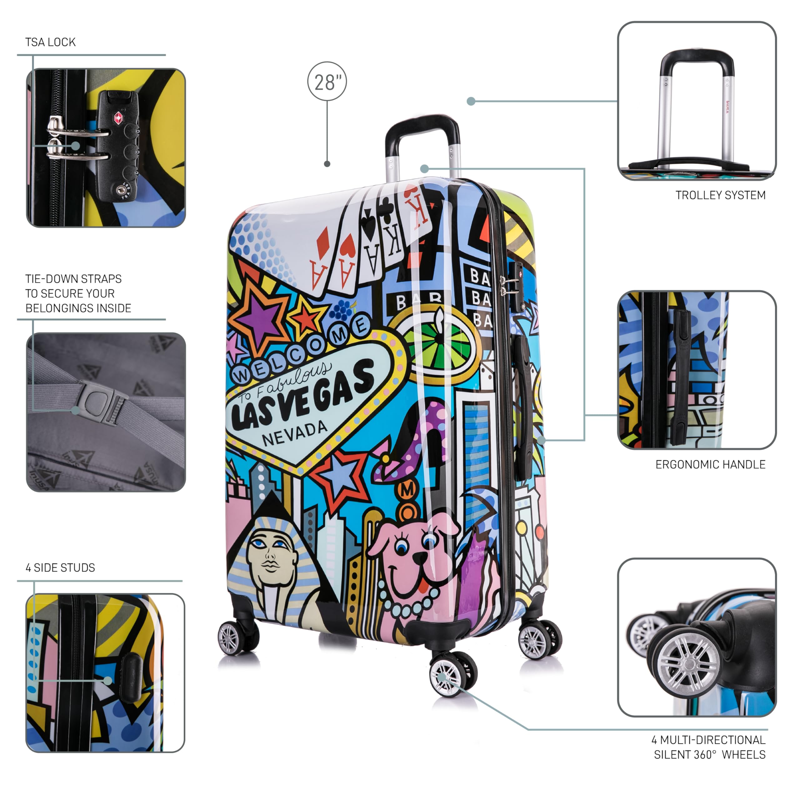 InUSA Las Vegas Print Spinner Luggage - 28-Inch Durable Lightweight Hardside Suitcase with Trolley Handle for Air Travel, Vacation & Business Trips | Large Checked Baggage for Family Vacations & International Travel