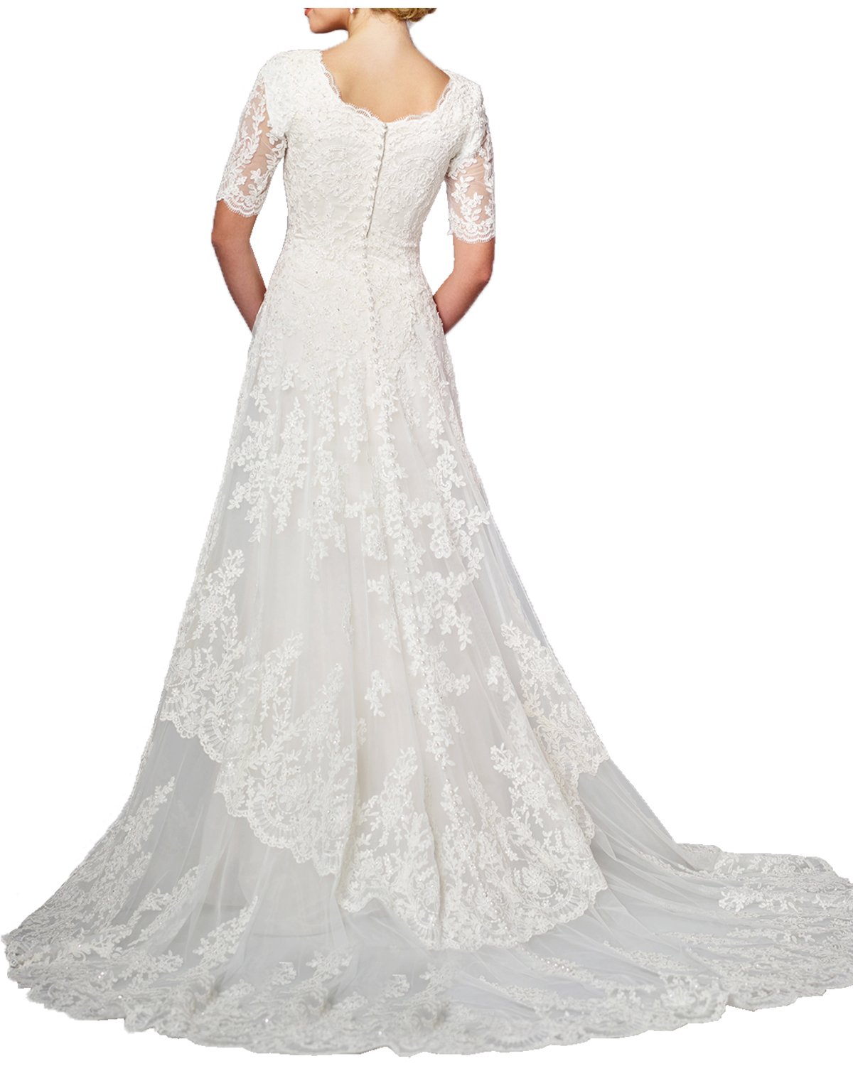 Elegant Modest Wedding Dress for Bride - White Round Neck Long Sleeve Lace Applique A-Line Gown - Perfect for Church, Beach and Outdoor Wedding Ceremonies