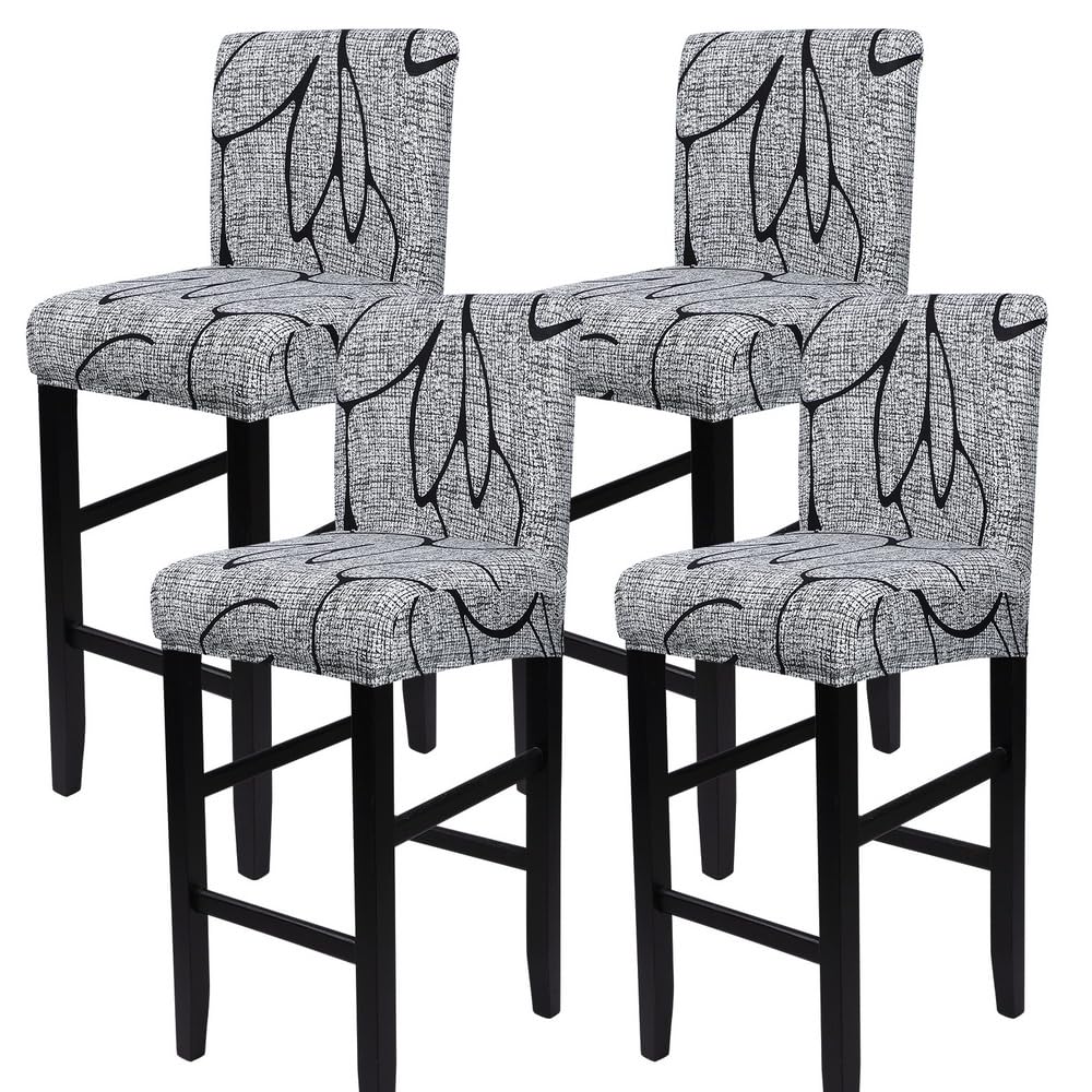 Stretch Washable Bar Stool Covers Set of 4 - Grey Floral Pattern Seat Covers for Counter Height Chairs, Kitchen, Dining Room & Cafe Decor | Durable & Easy Clean Fabric for Home & Commercial Use