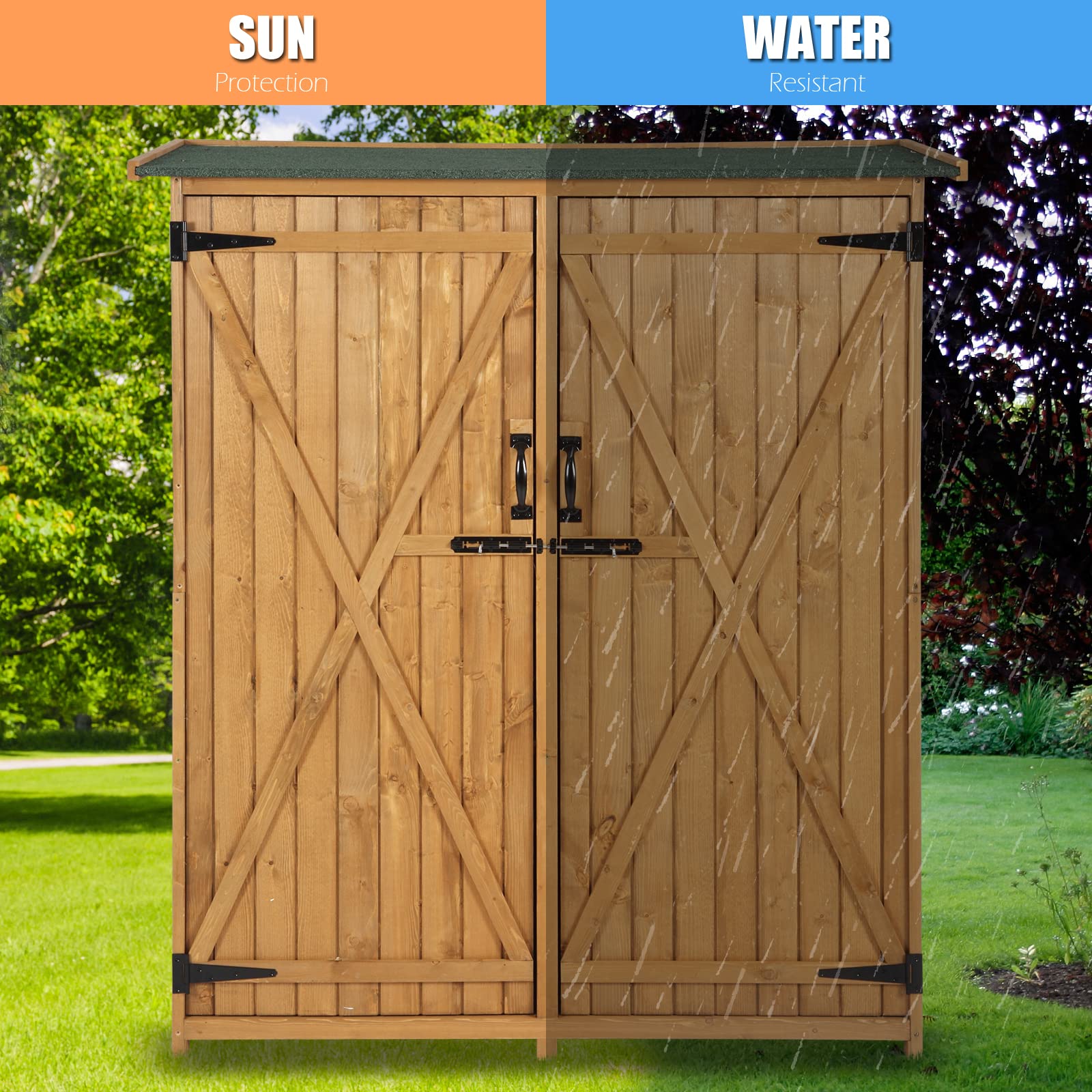 VINGLI Upgraded Extra Large Outdoor Wooden Storage Shed - Weatherproof Garden Tool Cabinet with 2 Safety Latches | Perfect for Organizing Lawn Equipment, Yard Tools & Patio Furniture | Durable Teak Wood Construction for Backyard, Garden & Outdoor Storage Needs