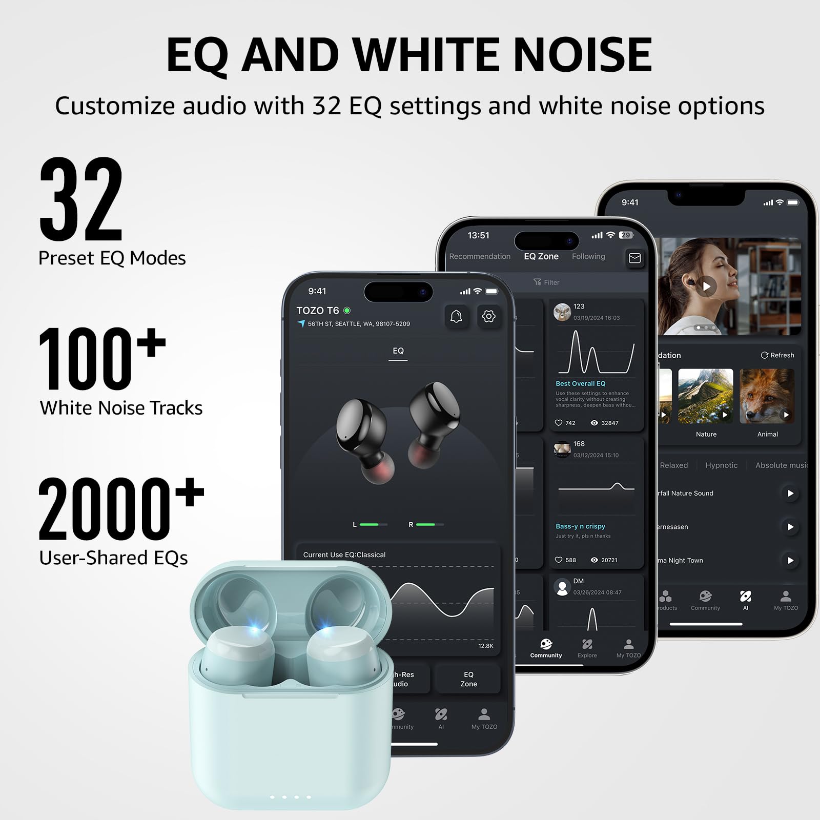TOZO T6 Wireless Earbuds Bluetooth 5.3 Headphones - Ergonomic In-Ear Design, 50Hrs Playtime with Wireless Charging Case, APP EQ Customization, IPX8 Waterproof (2024 Upgraded Version) - Perfect for Gym, Running, Travel & Workouts