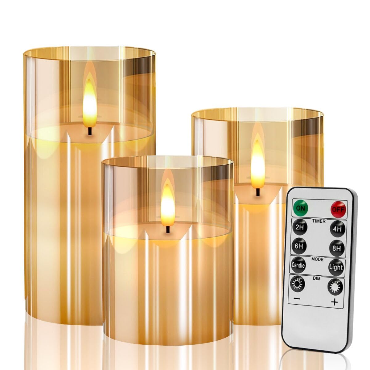 Premium Gold Glass Flameless LED Candles with Remote & Timer - Realistic Flickering Flame, Moving Wick & Warm Light - Battery Operated Decorative Candles for Wedding Centerpieces, Party Decor, Holiday Table Settings - Set of 3 Elegant Candles for Romantic Dinners, Spa Relaxation & Home Ambiance