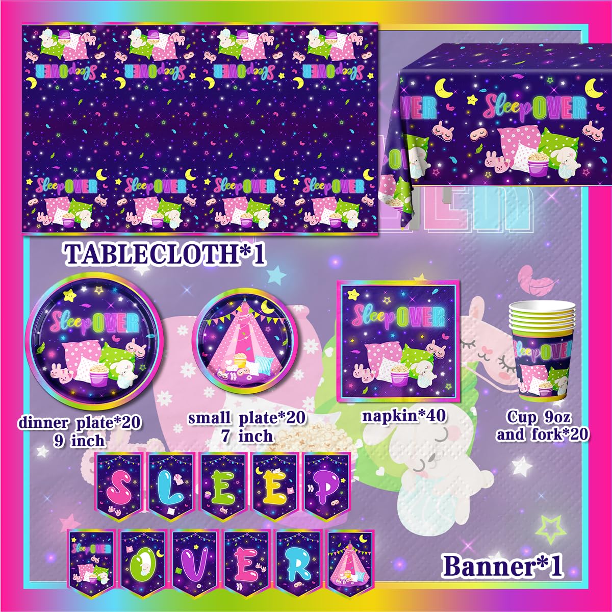 142pcs Slumber Party Decorations Kit - Disposable Plates, Napkins & Plastic Tablecloth for Girls' Sleepover & Pajama Party | Perfect for Birthday Parties, Tent Camping Nights & Teen Sleepovers