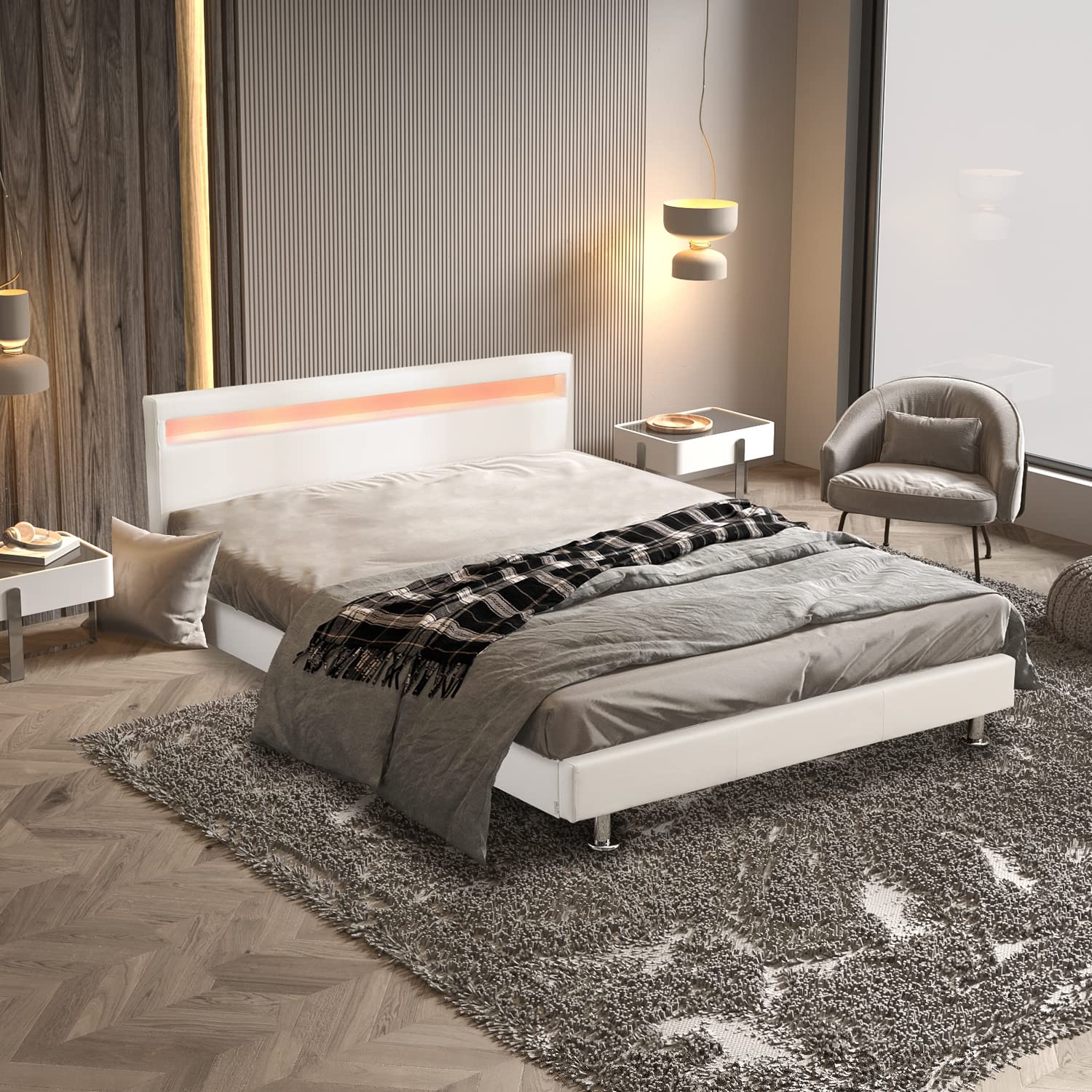 Modern LED Bed Frame with Headboard - Low Profile Upholstered Platform Bed with Wooden Slats & PU Leather - No Box Spring Needed - Queen Size White - Perfect for Contemporary Bedrooms & Smart Home Lighting
