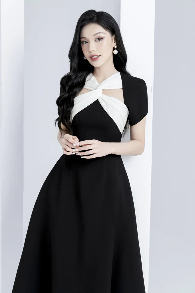 Andrea Black Cut Out Line Midi Dress - Elegant Party & Evening Wear for Women