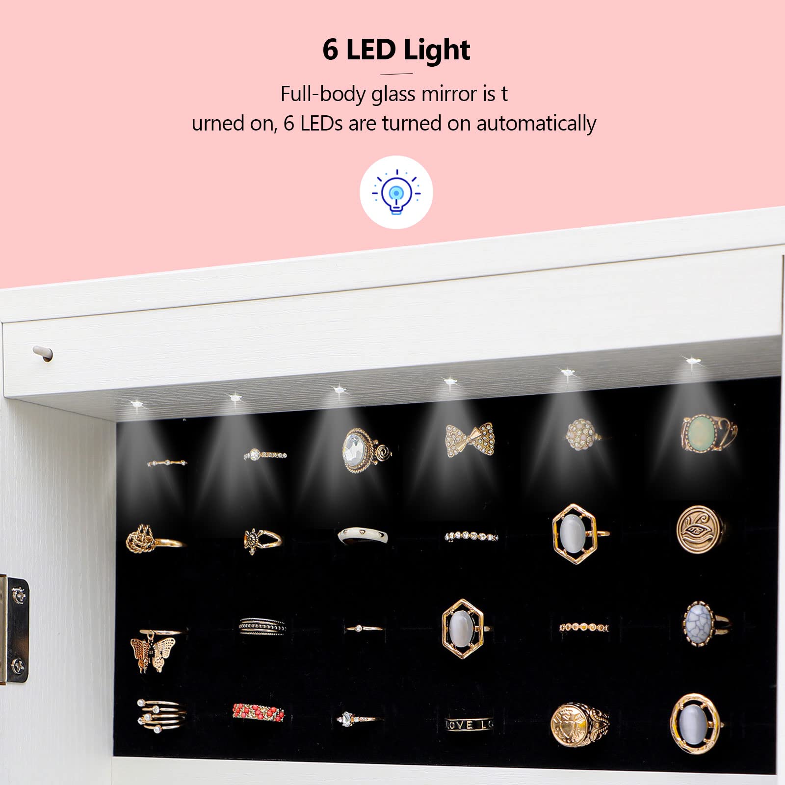 Goujxcy 6 LED Jewelry Organizer - Wooden Standing Jewelry Cabinet with Full-Length Mirror, Large Lockable Storage & LED Lights - Perfect for Bedroom, Closet & Dressing Room (White)