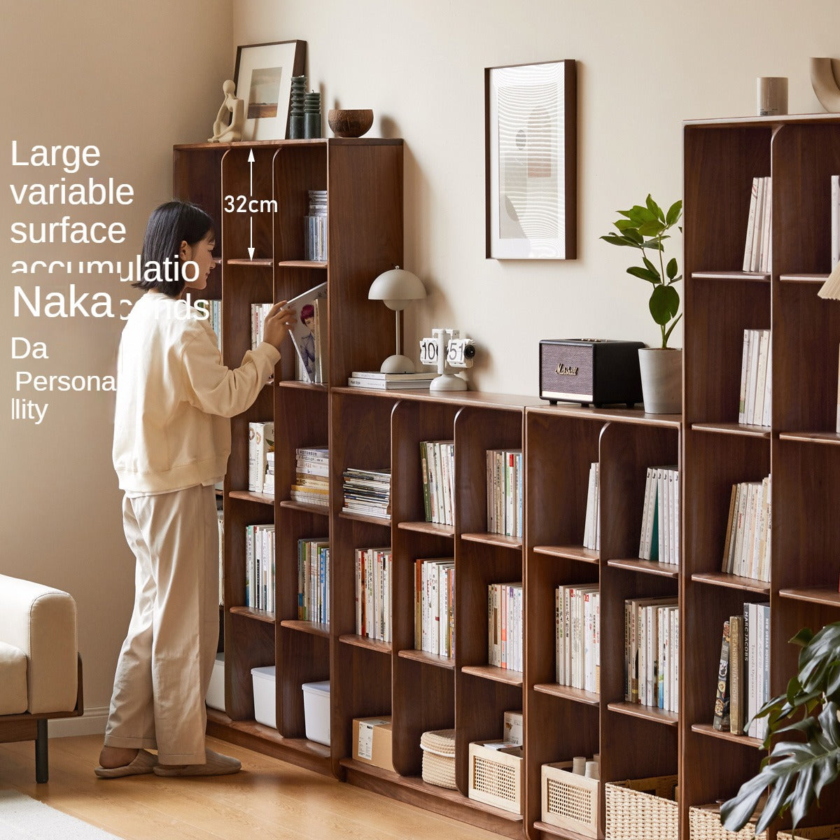 Solid Black Walnut Wood Bookshelf with Free Lattice Combination - Stylish Storage for Home Office, Living Room & Library