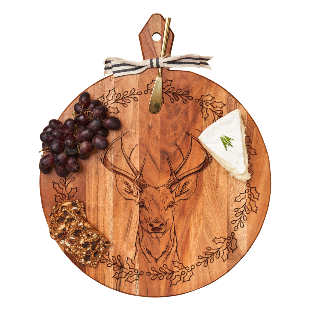Acacia Wood Heirloom Round Charcuterie Board with Gold Cheese Spreader & Ribbon - Stag Design - 20