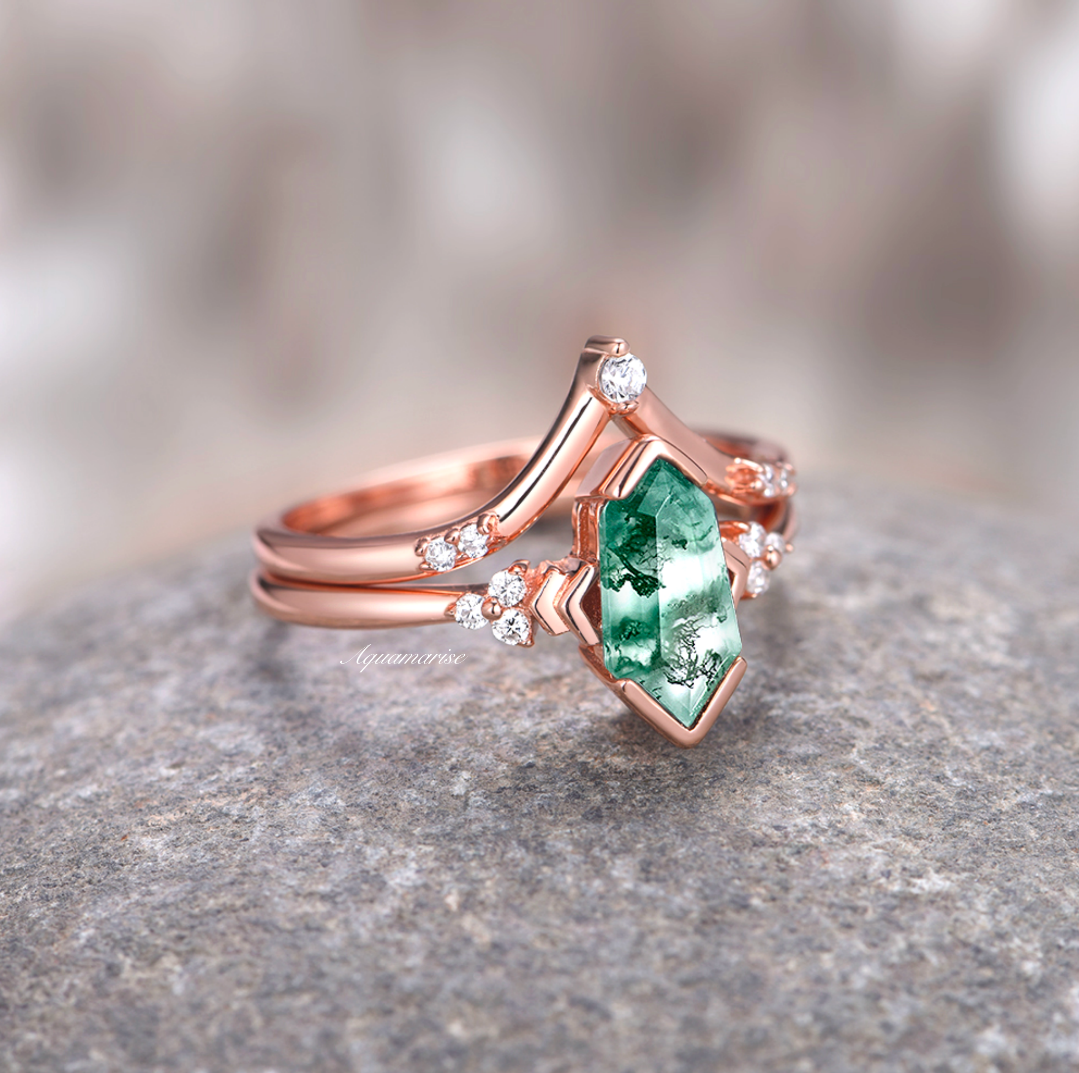 Green Moss Agate Ring Set - 14K Rose Gold Vermeil Stackable Rings for Women, Wedding, Anniversary, Birthday Gift | Boho Chic Jewelry for Everyday Wear & Special Occasions