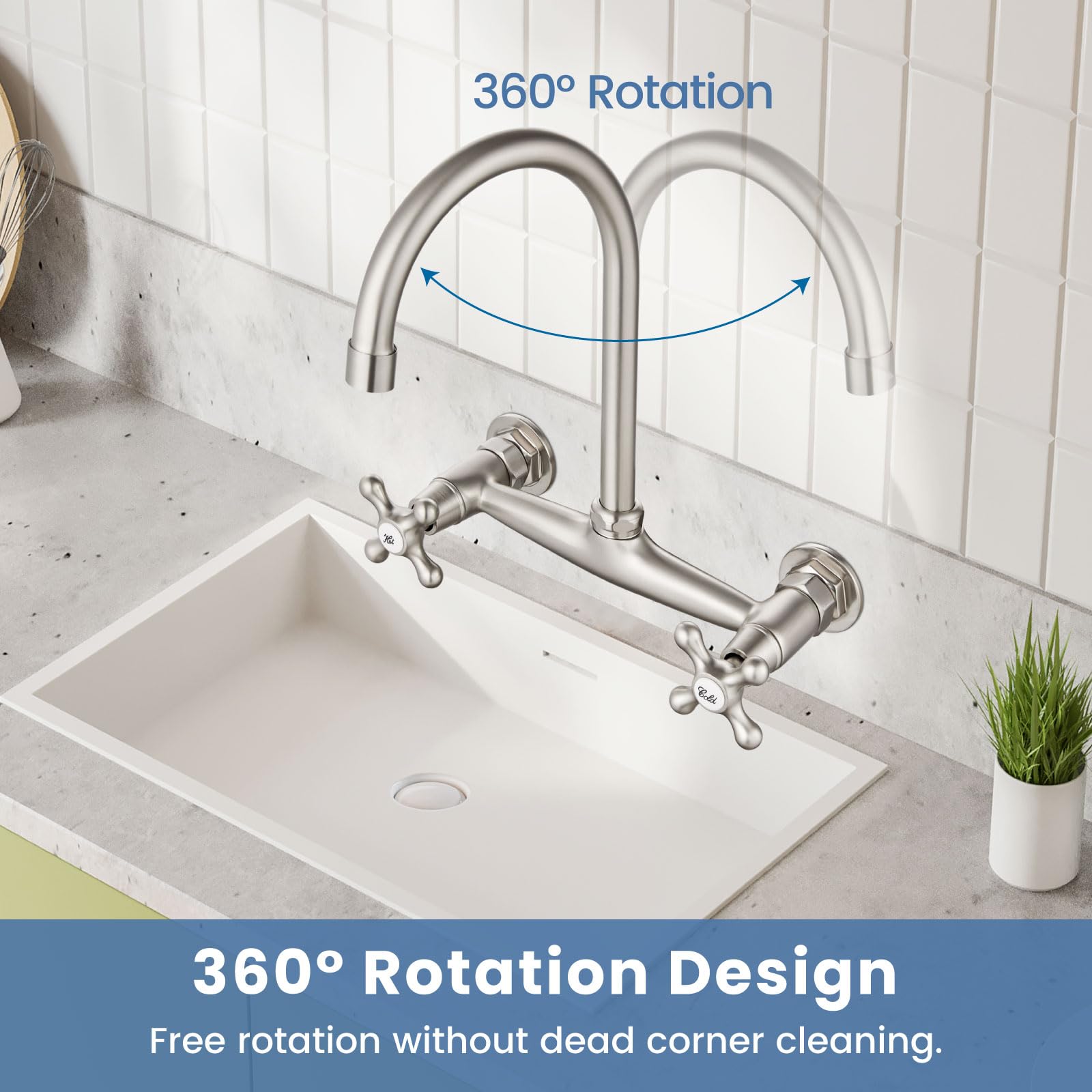 Airuida 8-inch Brushed Nickel Wall Mount Kitchen Faucet - Commercial Sink Faucet with 360° Swivel Spout & Dual Handles for Utility, Laundry, Restaurant Sinks | Durable & Stylish for Heavy-Duty Use in Commercial Kitchens, Washrooms & Food Service Areas