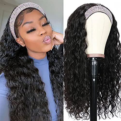 Nadula 10A Water Wave Headband Wig - Brazilian Remy Human Hair Full Head Extension with Scarf | 150% Density, Natural Color (20 Inch) | Perfect for Daily Wear, Parties & Cosplay