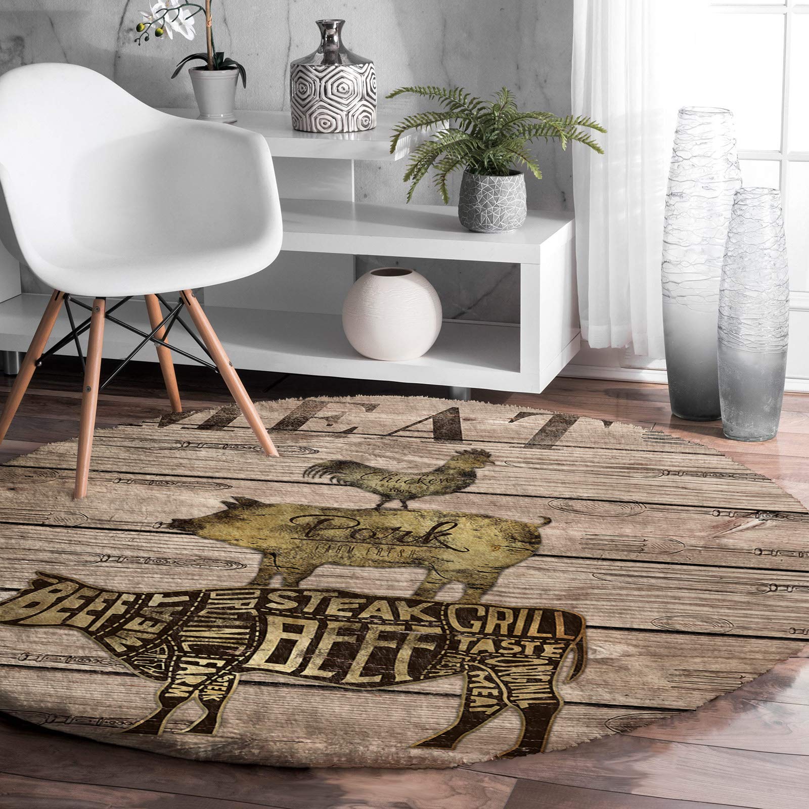Soft Plush Kids Area Rug - Singingin Round Cow Pig Chicken Knife & Fork Shaggy Carpet for Nursery, Bedroom & Living Room | 3ft Diameter Modern Home Decor Floor Mat - Perfect for Playrooms, Toddler Spaces & Cozy Family Areas