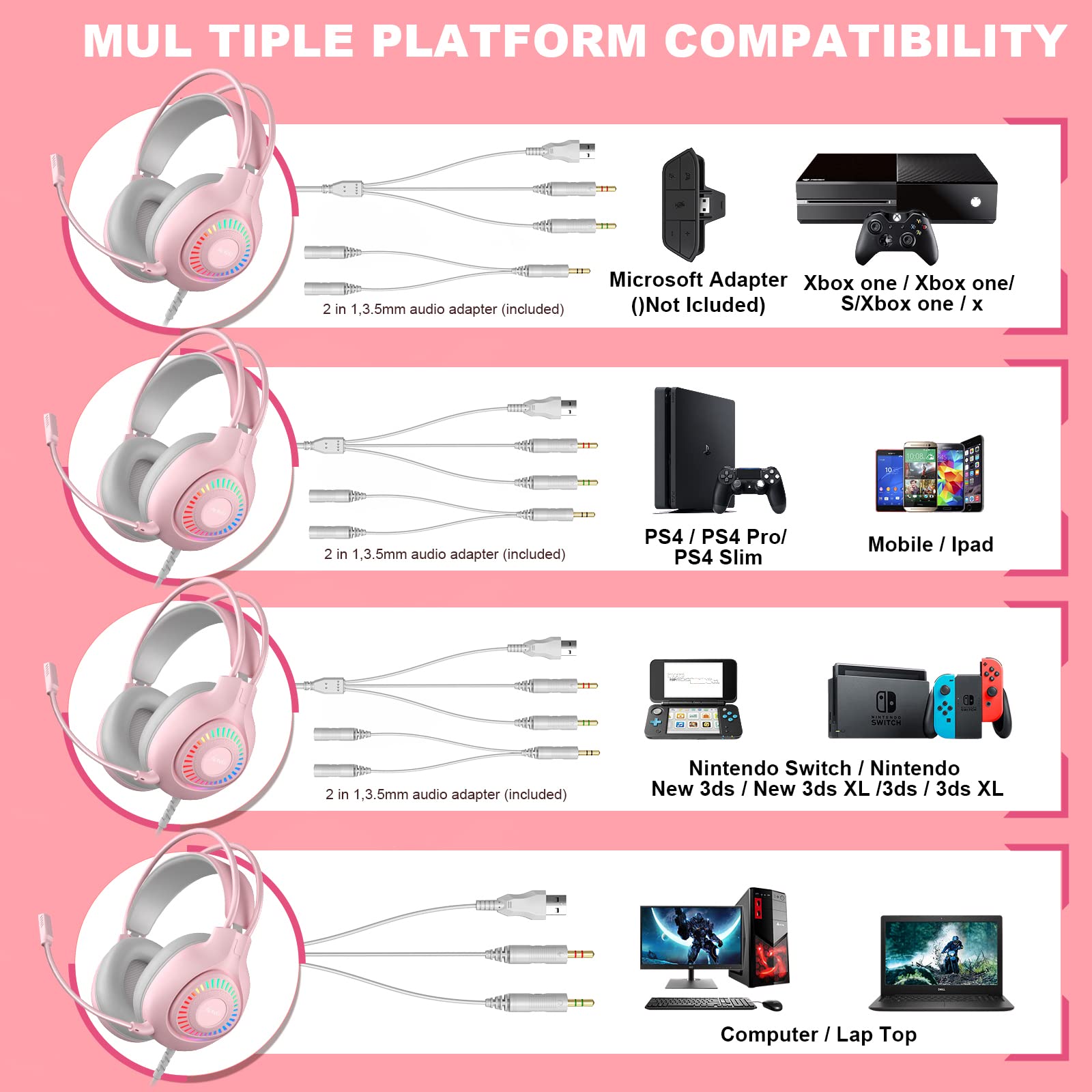 Anivia G1 Pink Gaming Headset - Wired Over-Ear Headphones with Noise Isolation Mic & LED Lights for PS5, PS4, Xbox One, PC, Nintendo Switch - Immersive Surround Sound for Gaming, Streaming & Online Chat