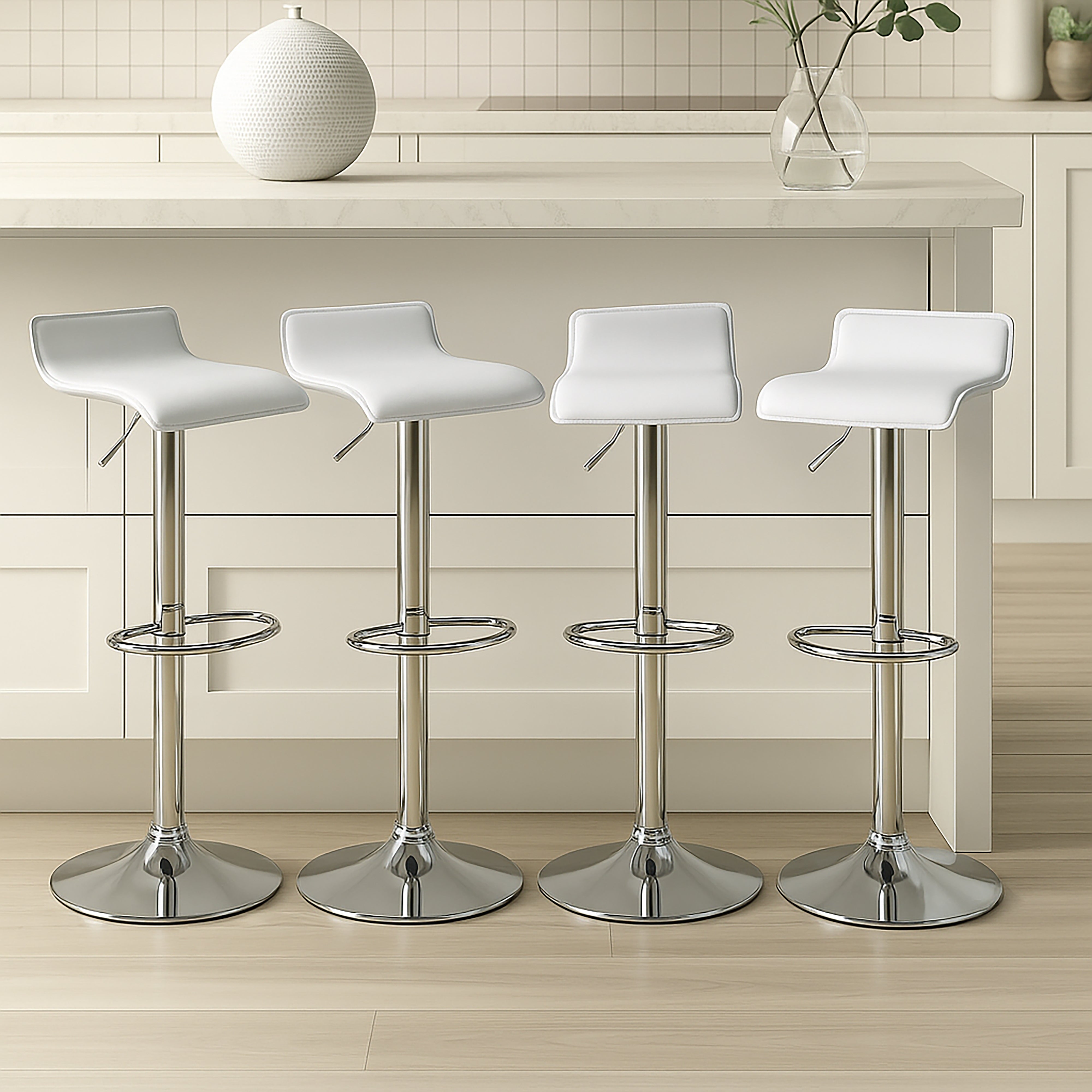 Urban Style Set of 4 Craig Adjustable Gas Lift Bar Stools - Chrome & White - Perfect for Kitchen Islands, Breakfast Bars & Home Bars