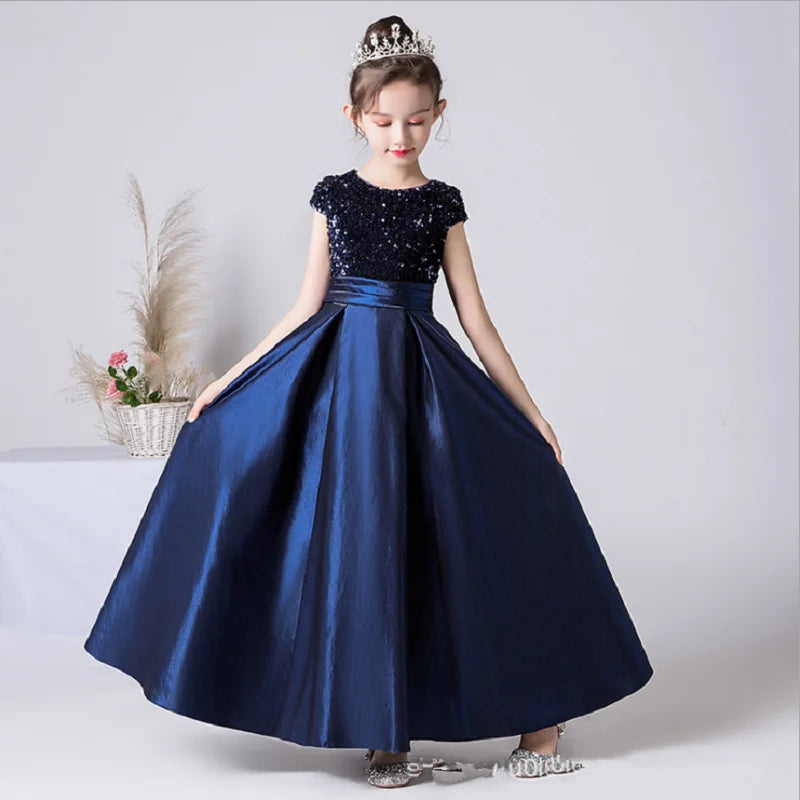 Sparkly Sequin Satin Princess Gown with Detachable Sash - Elegant Kids Birthday Party Dress for Girls, Pageant, Photo Shoot & Special Occasions