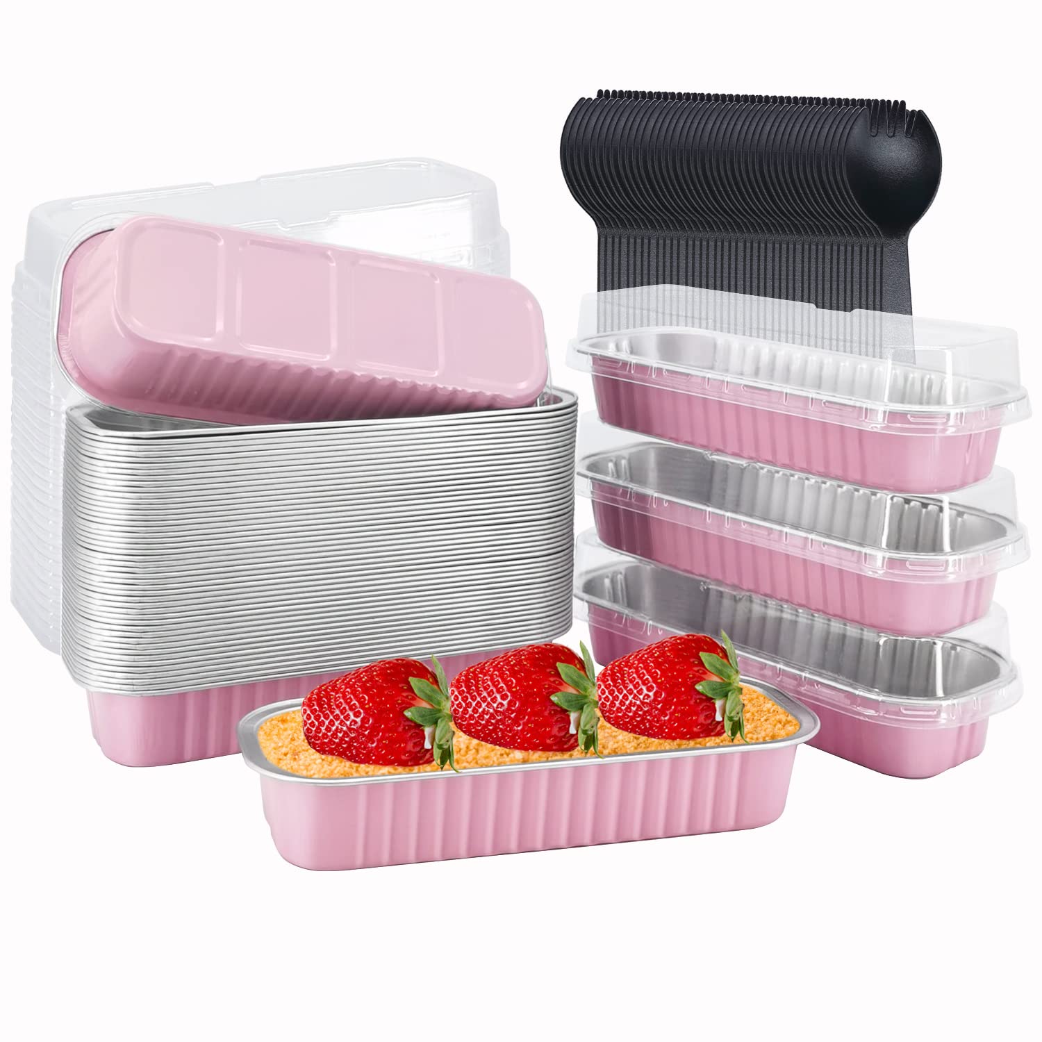 50 Pack Mini Loaf Pans with Lids - 6.8oz Disposable Aluminum Foil Baking Containers for Cakes, Bread & Cupcakes | Perfect for Home Baking, Party Desserts & Meal Prep (Pink)