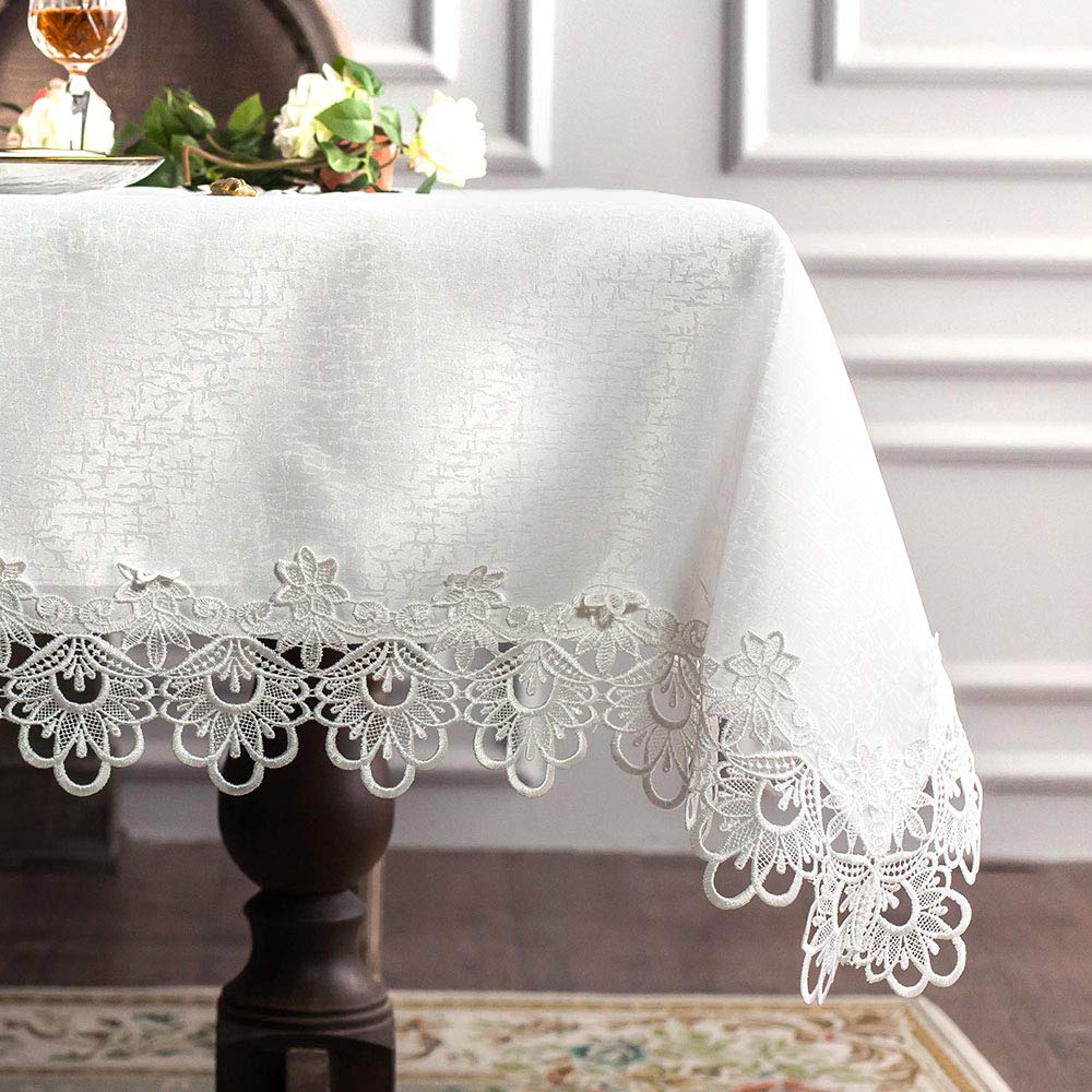 ARTABLE Rectangular Lace Fabric Tablecloth with Macrame Border - Elegant Embroidered Kitchen Table Cover for Holiday & Dinner Parties (52