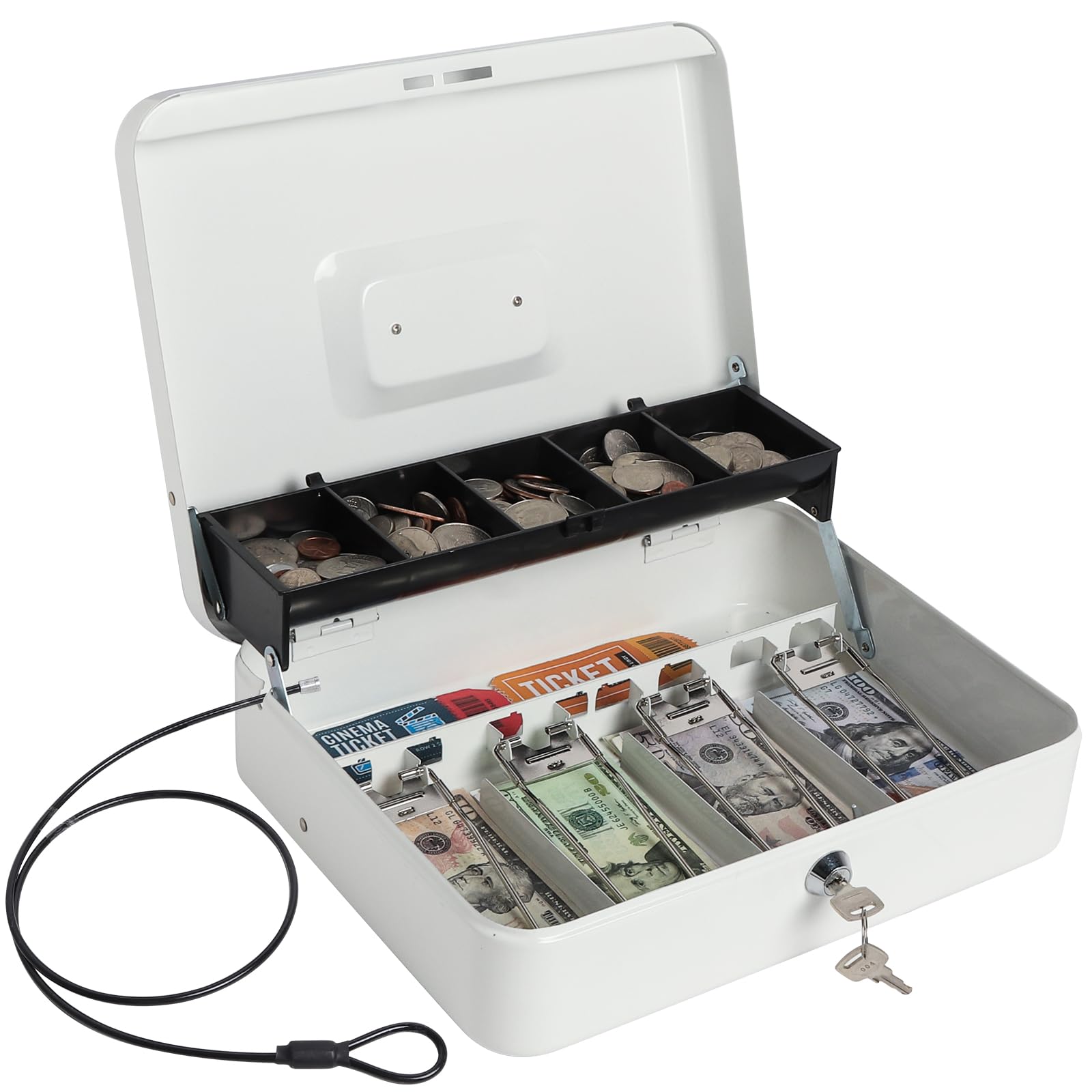 Secure White Cash Box with Money Tray & Key Lock - 11.8x9.5x3.5 Inch Large Money Organizer with Security Cable - Perfect for Retail Stores, Events, and Home Cash Management