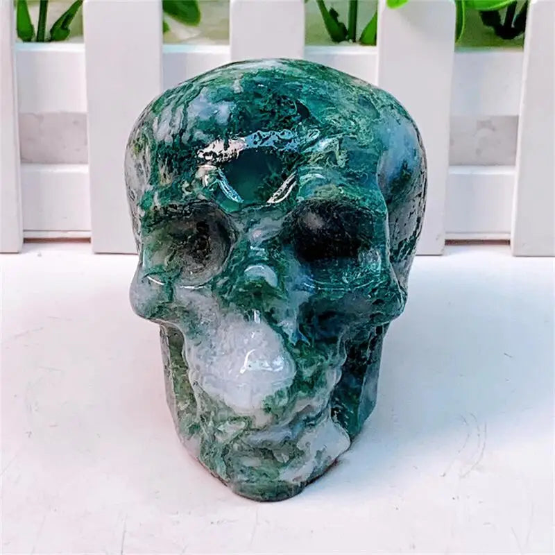 9CM Natural Moss Agate Skull Crystal Carving - Healing Energy Stone for Meditation, Halloween Gifts & Home Decor (1PC) | Perfect for Spiritual Healing, Yoga Spaces & Gothic Decorations