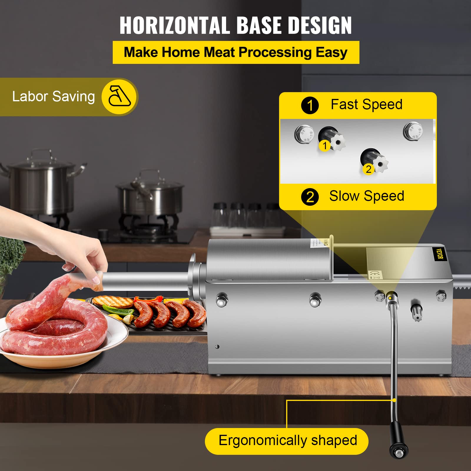 VEVOR 3L Manual Stainless Steel Sausage Stuffer - Horizontal Sausage Filler Machine for Home & Commercial Use | Perfect for Sausage Making, Meat Processing, BBQ Parties & Food Preparation