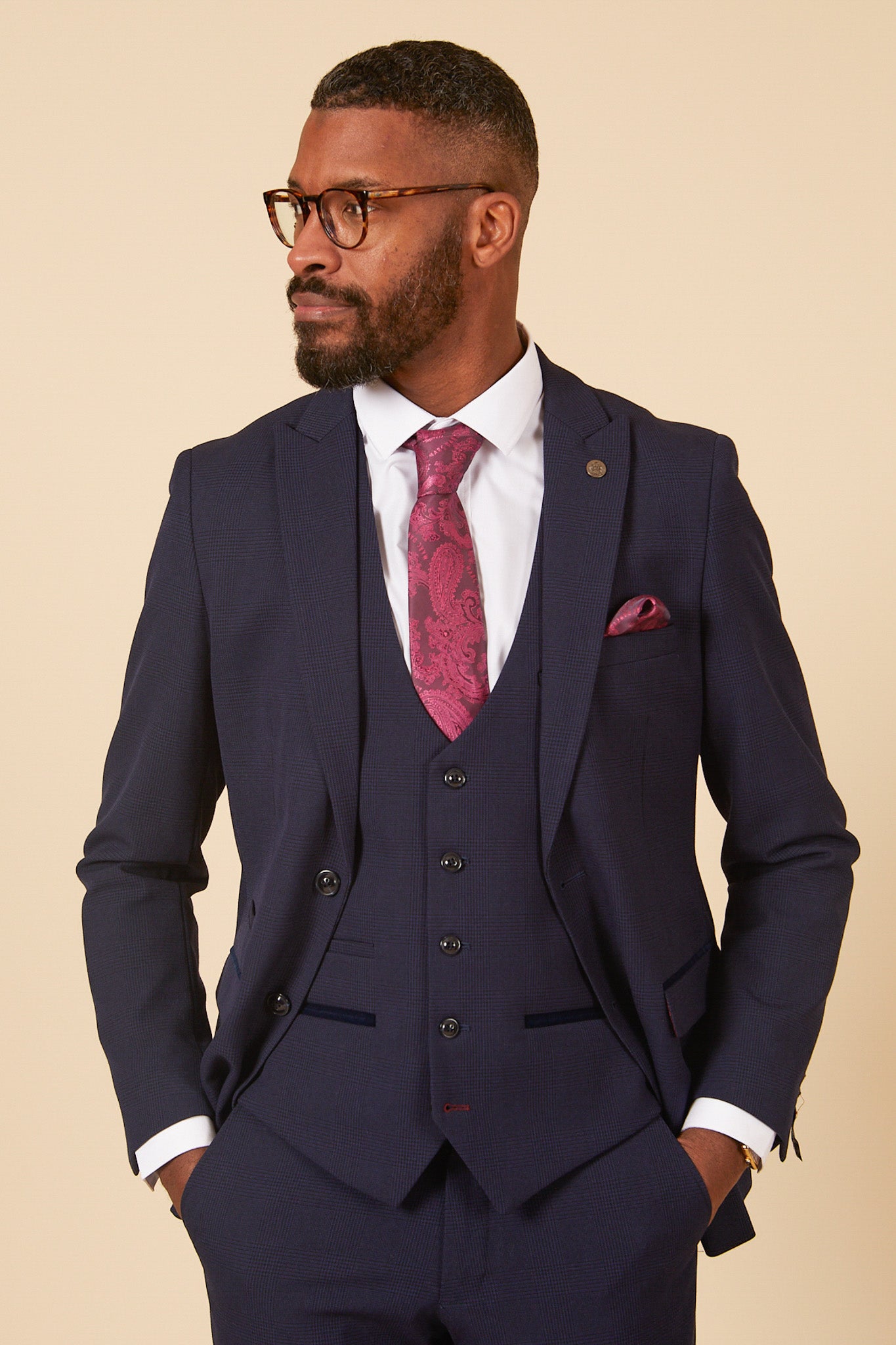 BROMLEY Navy Check Three Piece Suit for Men - Premium Wool Blend Formal Attire | Perfect for Weddings, Business Meetings & Special Occasions