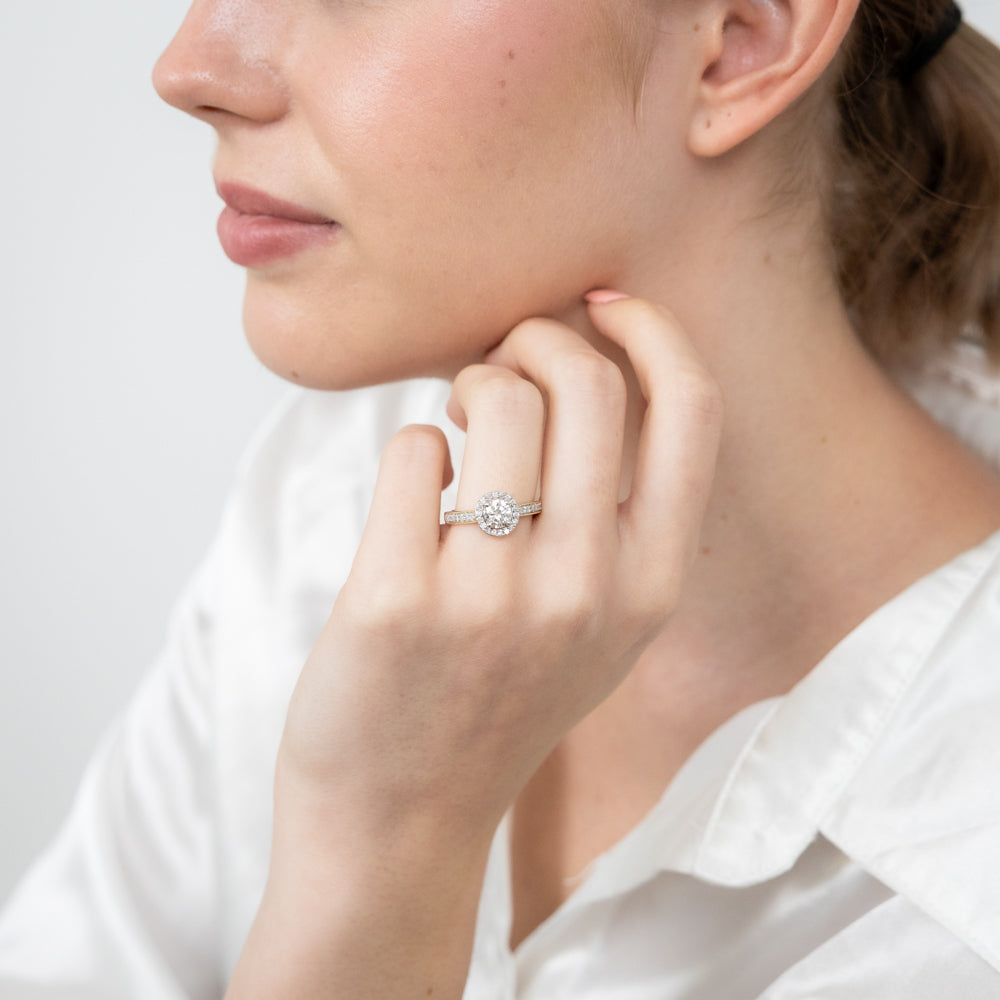 14K Yellow Gold 1 Carat Round Brilliant Cut Diamond Halo Engagement Ring with Pavé Band - Perfect for Proposals, Anniversaries & Special Occasions