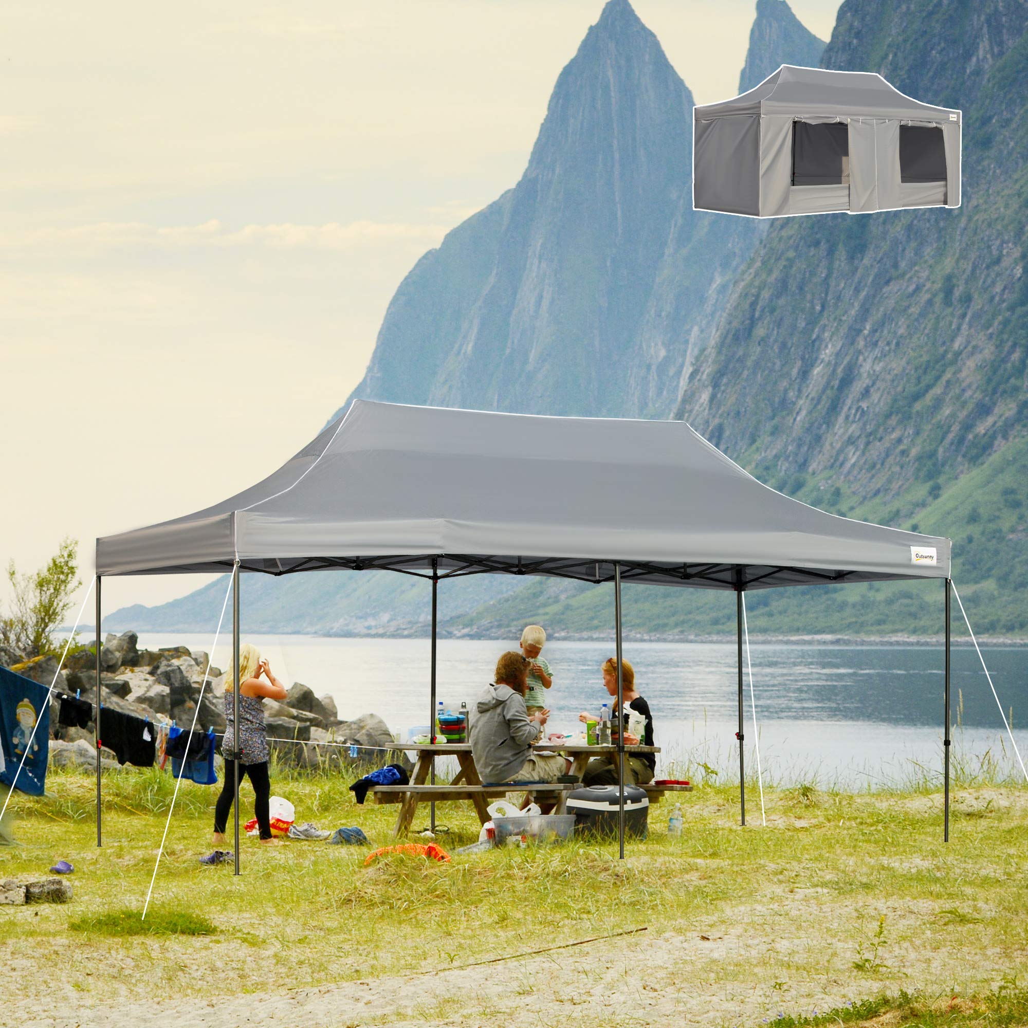 Outsunny 10' x 20' Pop Up Canopy Tent with Removable Sidewalls & Doors, Instant Shelter for Outdoor Events - Portable Party Tent with Wheeled Carry Bag & Adjustable Height - Perfect for Backyard, Garden, Patio, Camping & Tailgating - Gray
