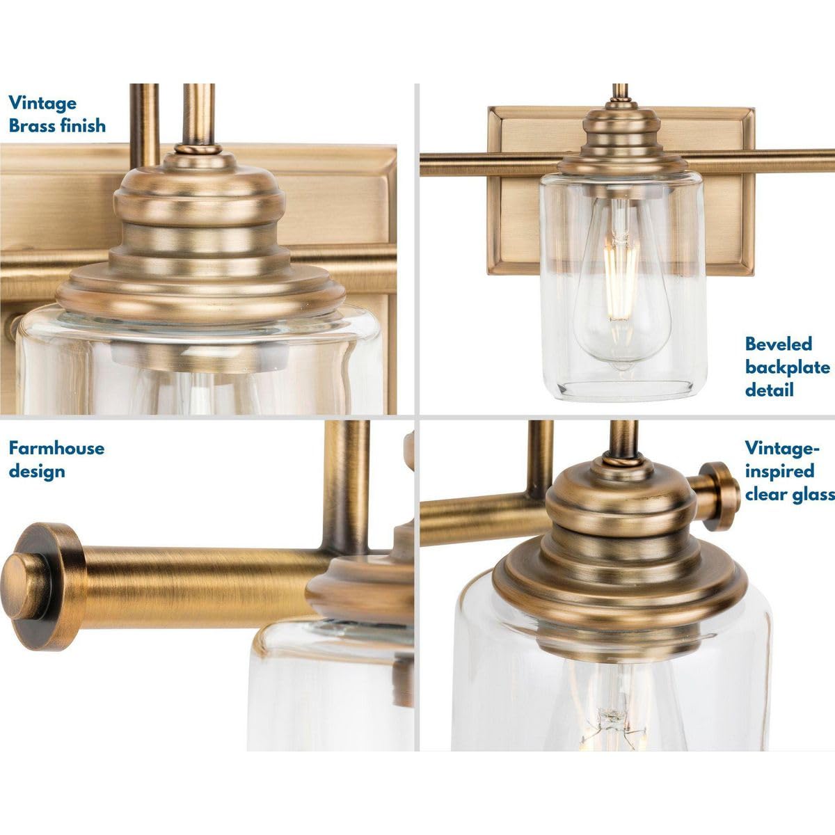 Progress Lighting Aiken Collection 4-Light Vintage Brass Vanity Light with Clear Glass Shades - Perfect for Bathroom, Powder Room, and Dressing Area Lighting