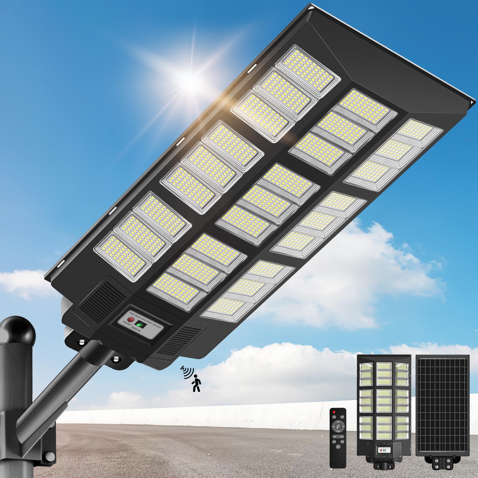 8000W Solar Street Lights Outdoor Waterproof with Motion Sensor - Commercial Solar Parking Lot Lights, Dusk to Dawn LED Street Light for Yard, Garden, Pathway & Driveway | Energy-Efficient Solar Powered Outdoor Lighting for Security & Safety