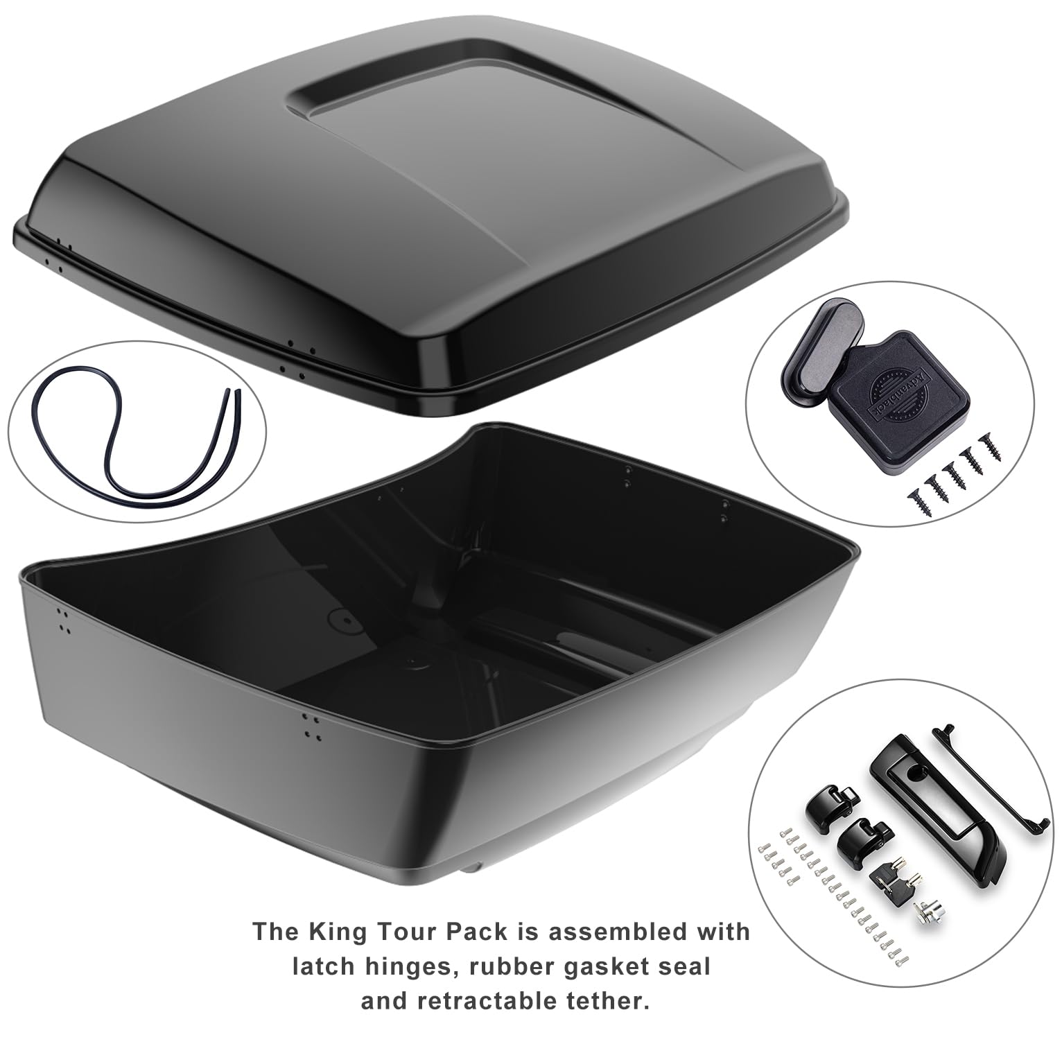 **Moto Onfire Vivid Black King Tour Pack – Largest Motorcycle Tail Box & Luggage Trunk for 2014+ Harley Touring FLH – Black Latch Hinges, Detachable Mounting Bracket & Top Rack – Perfect for Long-Distance Rides & Road Trips**