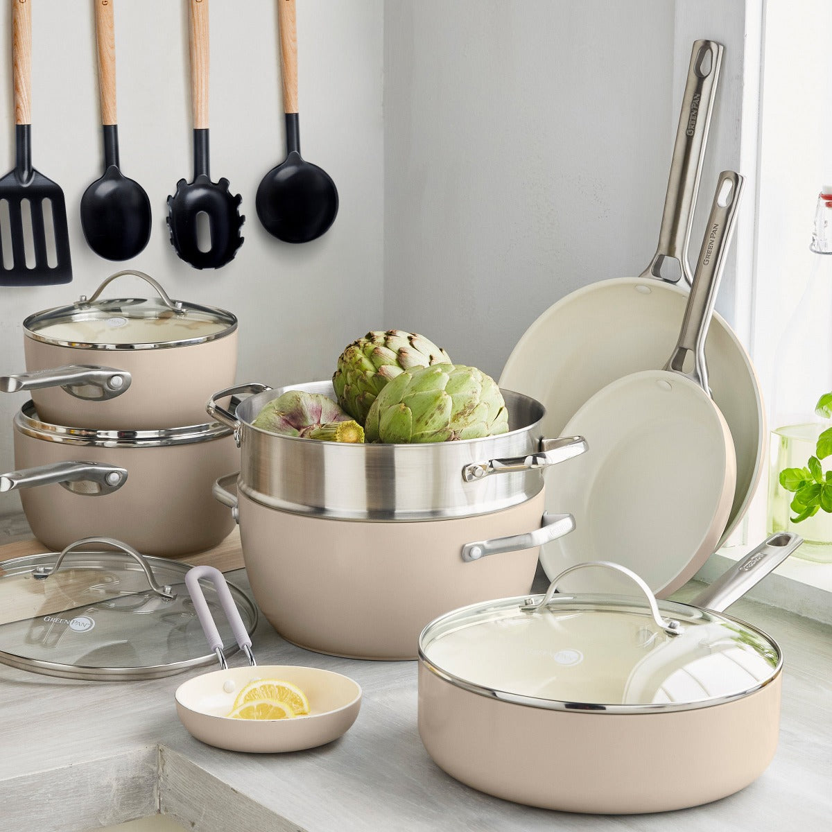 Padova Ceramic Nonstick 16-Piece Cookware Set - Taupe | Durable & Eco-Friendly Pots & Pans for Healthy Cooking | Perfect for Frying, Boiling & Sauteing in Modern Kitchens