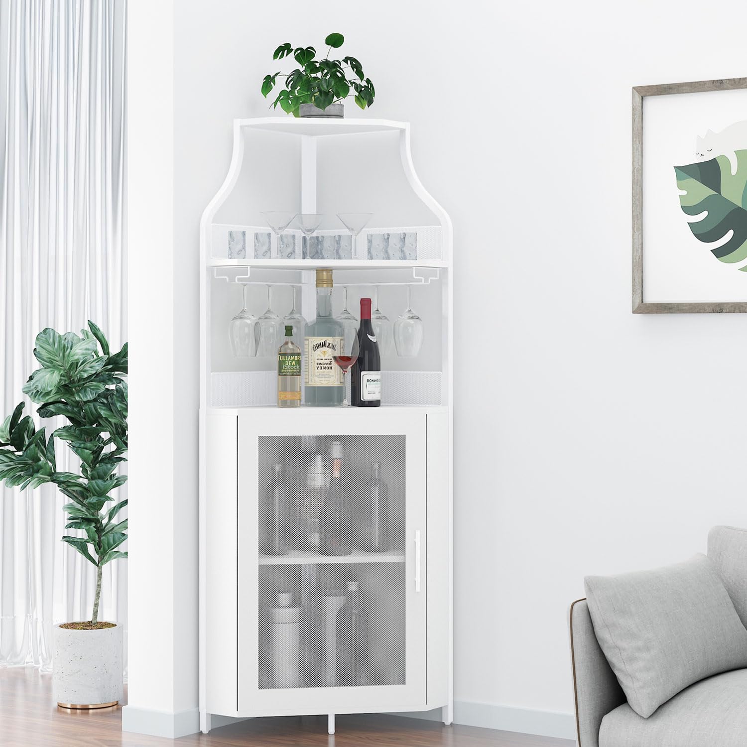 GAOMON 4-Tier White Corner Wine Bar Cabinet with Large Storage Space, Removable Wine Rack & Mesh Door - Perfect for Home Bar, Kitchen, Dining Room & Living Room Storage