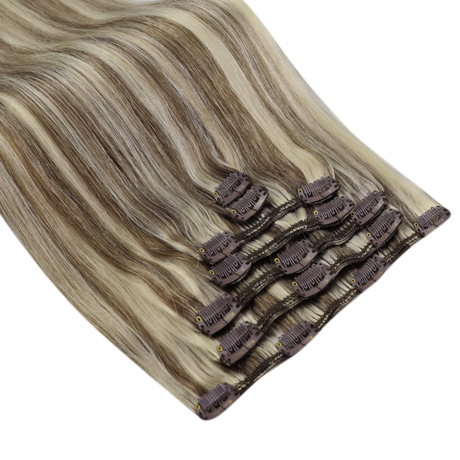 Ve Sunny 24 Inch Clip-in Human Hair Extensions - Remy Hair, Brown Blonde with Light Brown & Platinum Blonde Highlights (7pcs, 120g) for Everyday Styling & Special Occasions