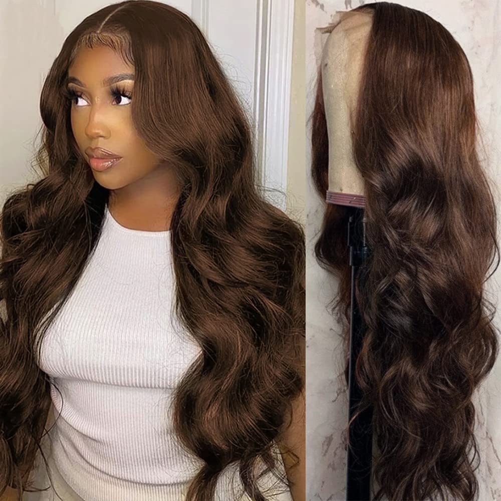 13x6 Brown Lace Front Wig - 150% Density Human Hair Wigs #4 Chocolate Body Wave with HD Transparent Lace & Bleached Knots - Pre Plucked with Baby Hair for Black Women - Perfect for Daily Wear, Cosplay, and Special Occasions (18 Inch)