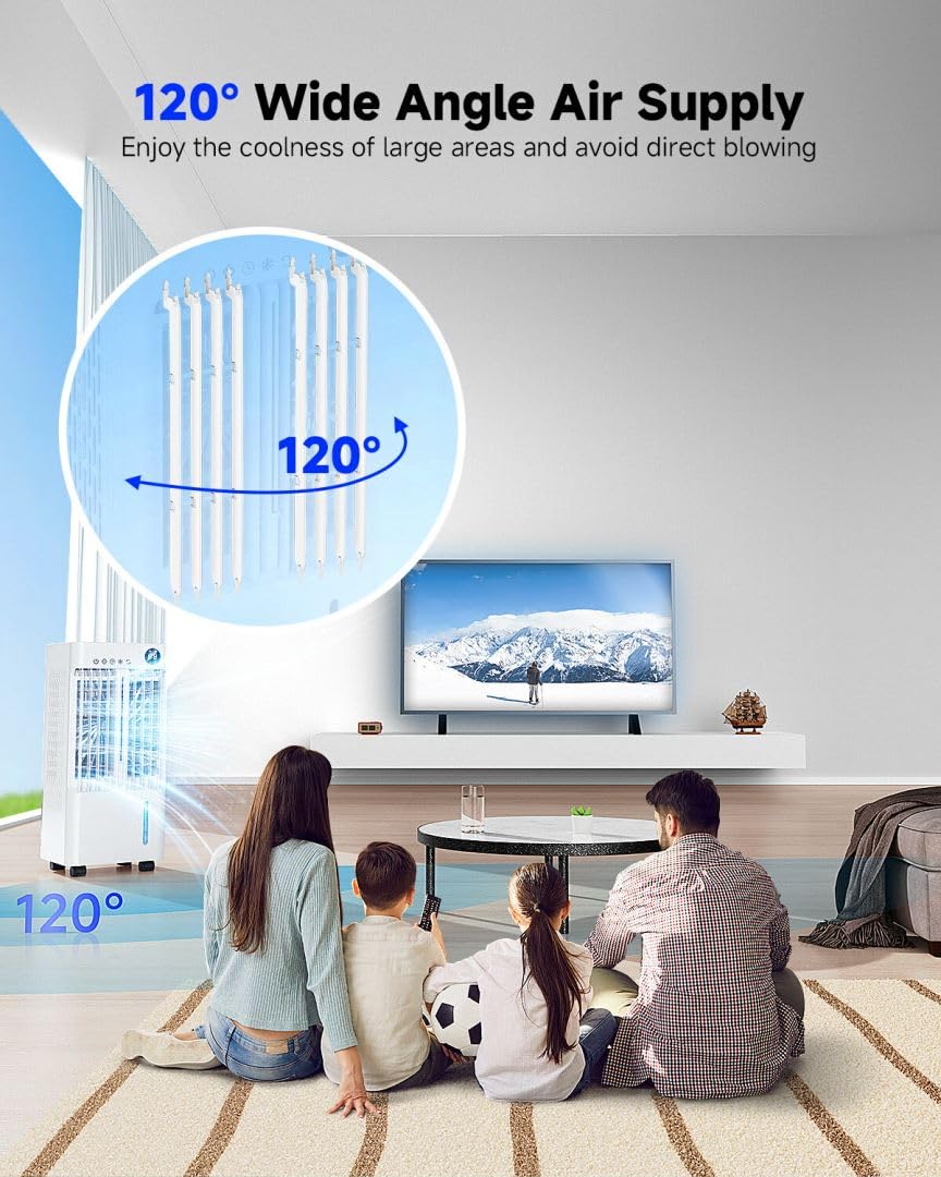 Portable Air Conditioner Fan with Water Cooling - 70W Evaporative Cooler, 24H Timer, 3 Speed Modes, 120° Oscillation & Remote Control - Includes 2 Cooling Pads for Home, Office, and Outdoor Use
