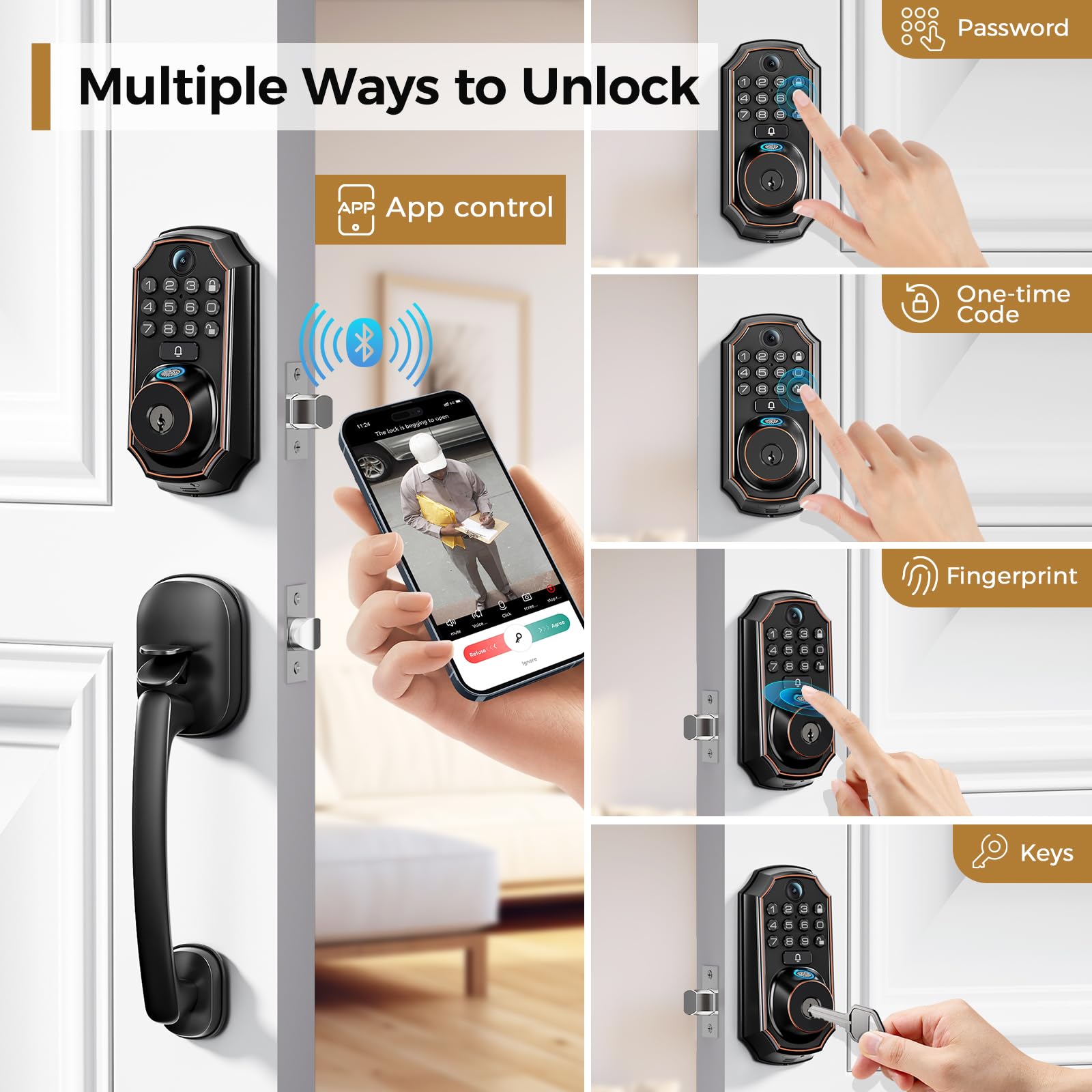 Smart WiFi Door Lock with Camera & Doorbell - 5-in-1 Keyless Entry Deadbolt with Fingerprint, App Control & Auto Lock - Easy Installation, Weatherproof - Perfect for Home Security & Smart Home Automation