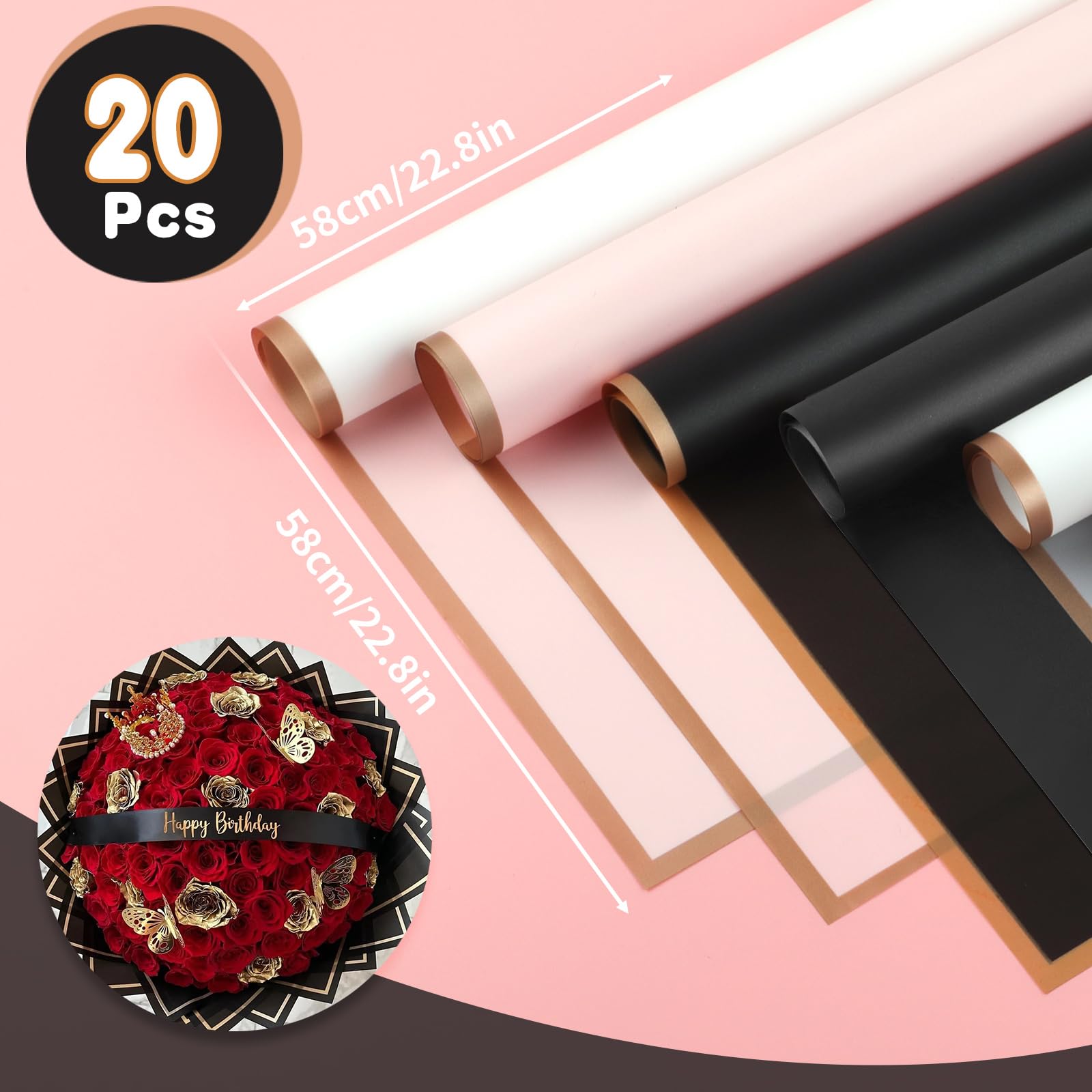 20 Sheets Waterproof Floral Wrapping Paper - Black Korean Style Bouquet Packaging for DIY Crafts, Wedding, Birthday Gifts | Perfect for Florist Supplies, Gift Wrapping, and Party Decorations